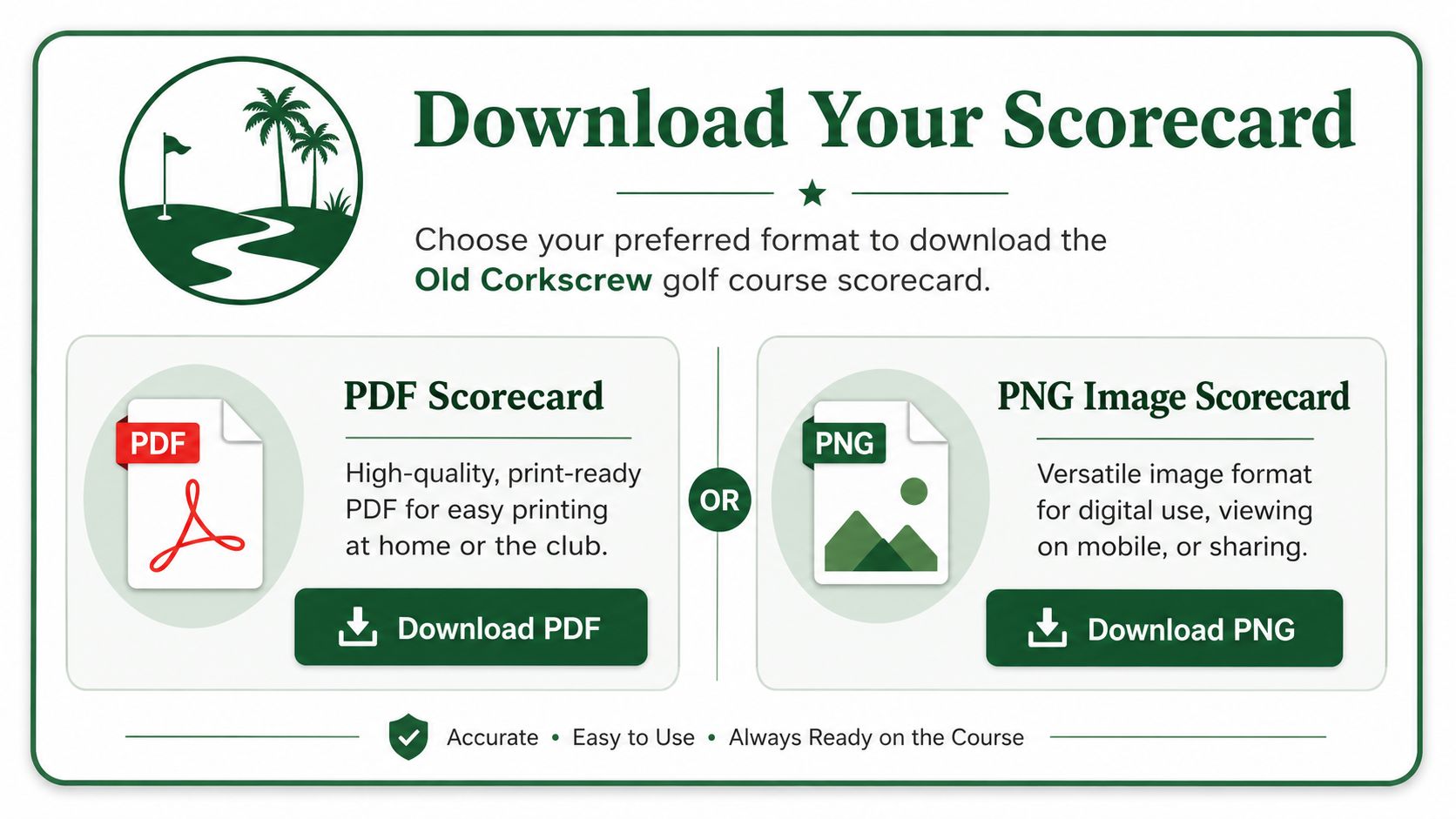 Download options for the Old Corkscrew golf course scorecard in PDF or PNG file formats.