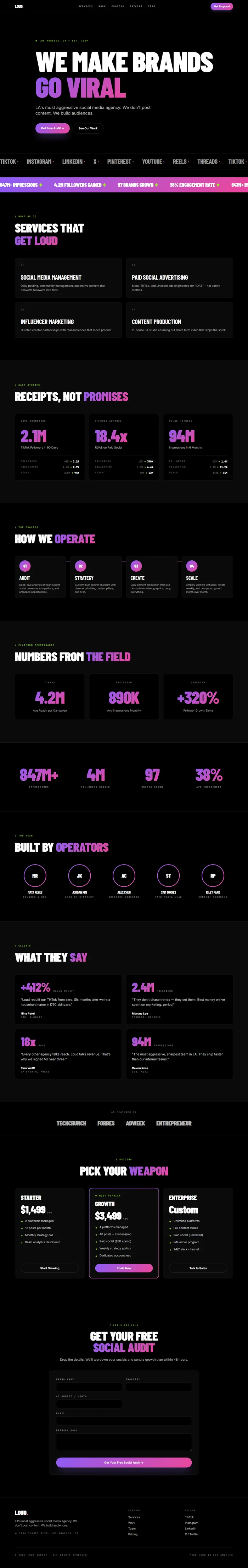 Full social media agency website design: gradient hero, platform marquee, case studies, pricing