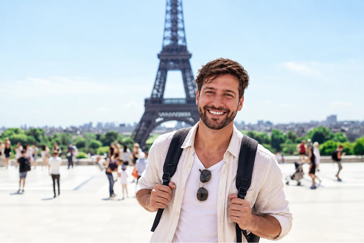 Jave Carter smiling with a backpack in front of the Eiffel Tower.