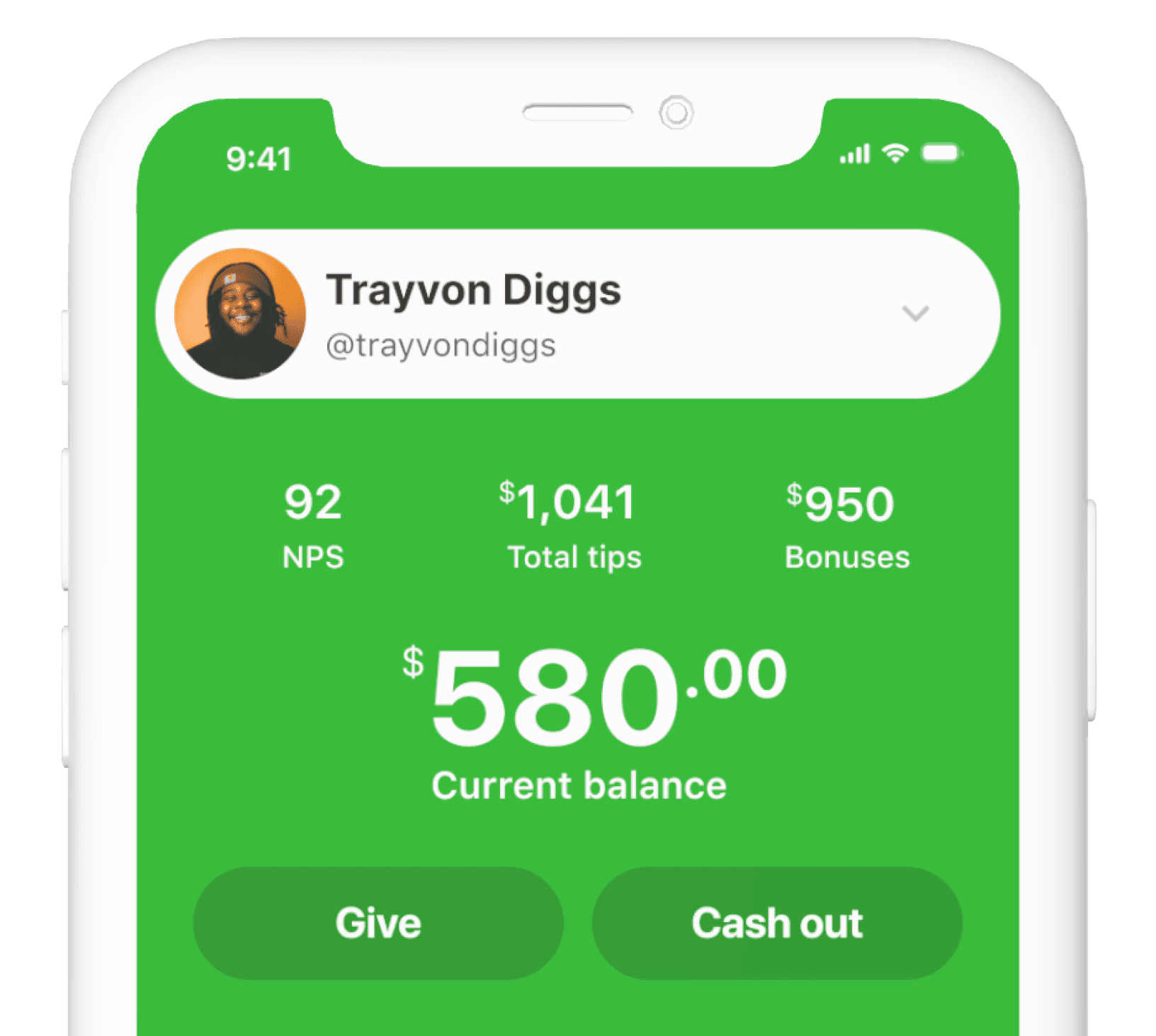 Applause app displaying an employee's NPS rating, total tips, bonuses, and current balance with options to give or cash out.