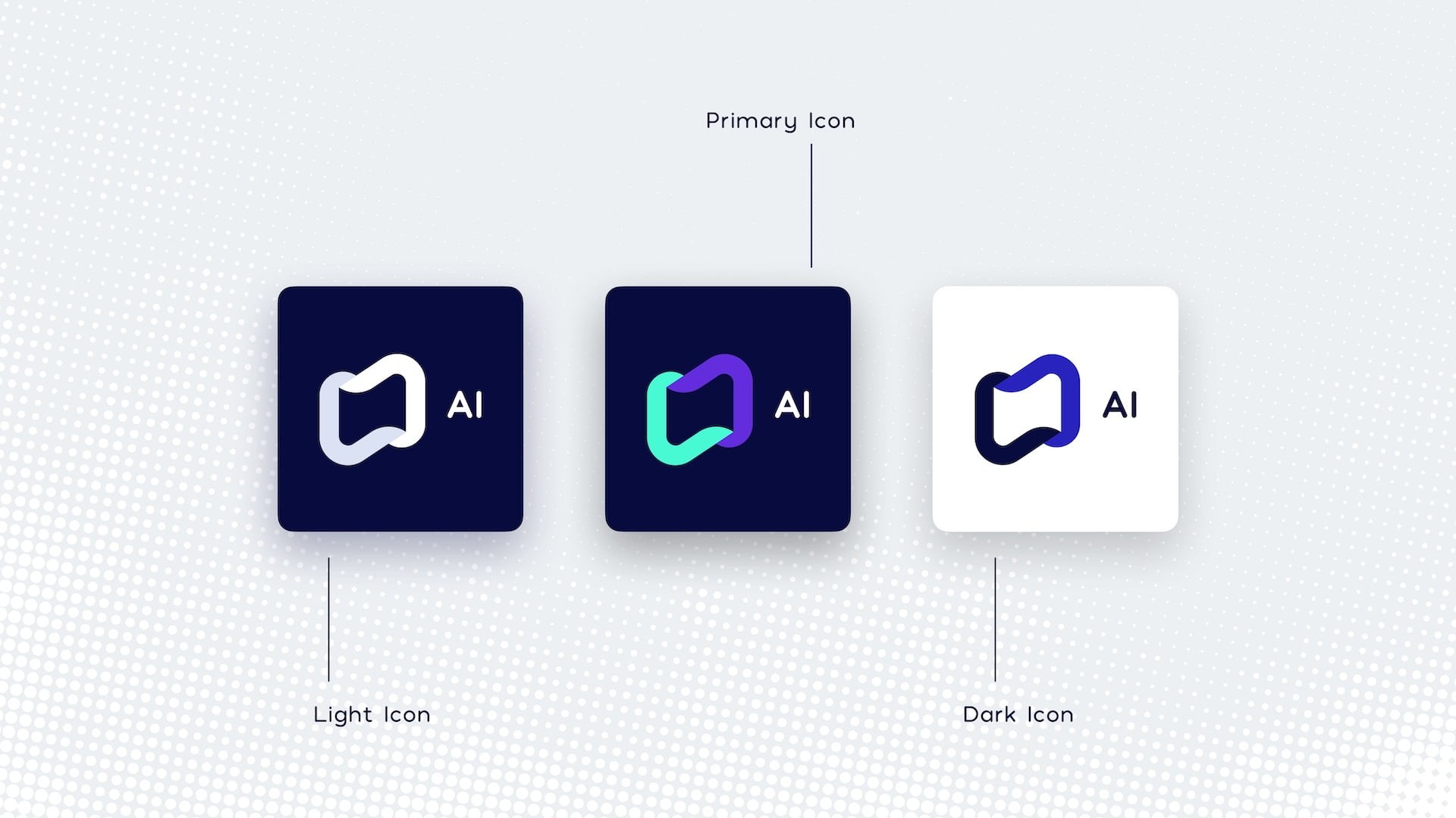 Neurolix AI app icon variations displaying three versions on light background: light icon with white logomark on dark square, primary icon with gradient logomark on dark square, and dark icon with navy logomark on white square.
