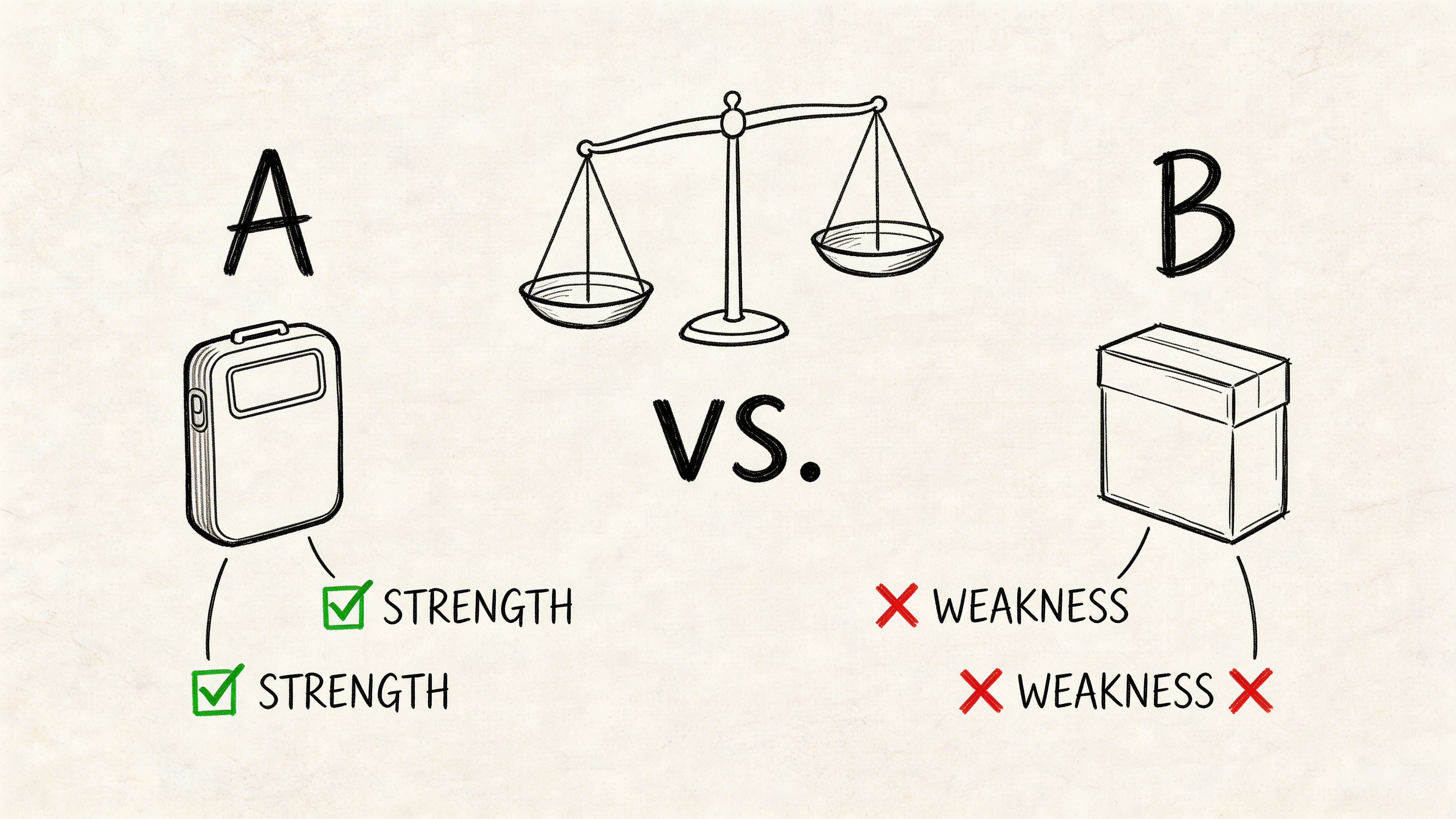 A conceptual comparison between option A and option B using a balance scale graphic with strengths and weaknesses.