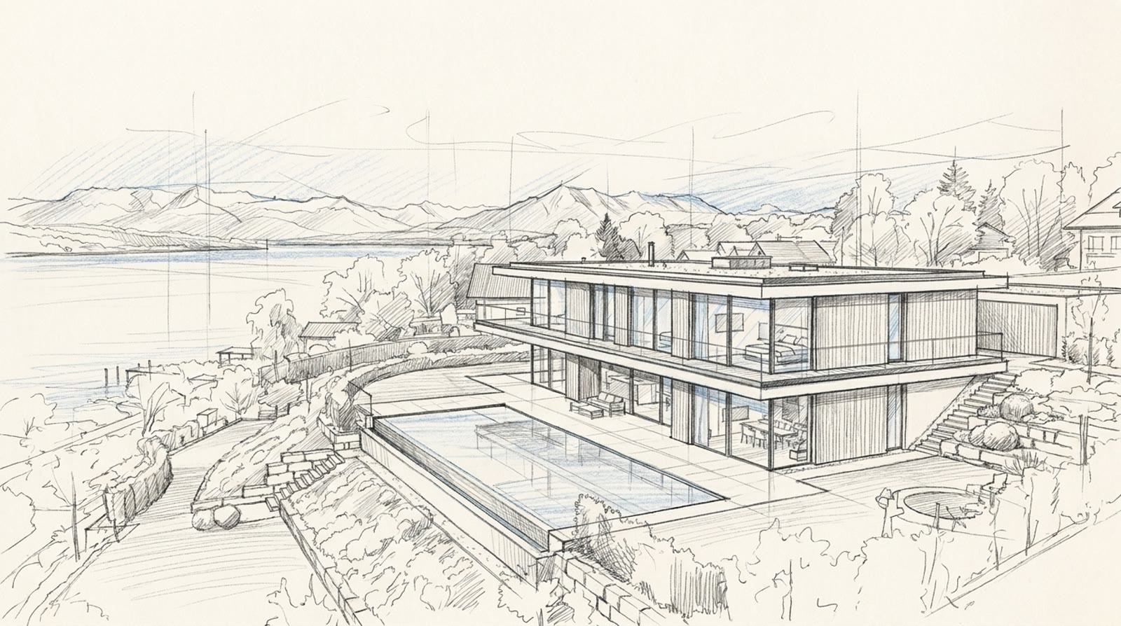 Villa am See als Architekten-Skizze