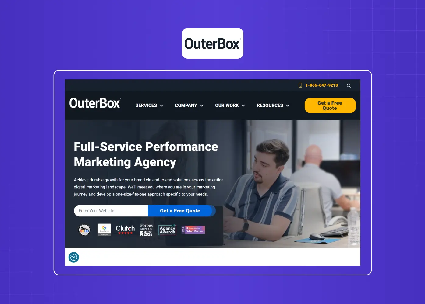 Performance marketing agency homepage with dark-themed visuals, clear service navigation, and prominent call-to-action elements.
