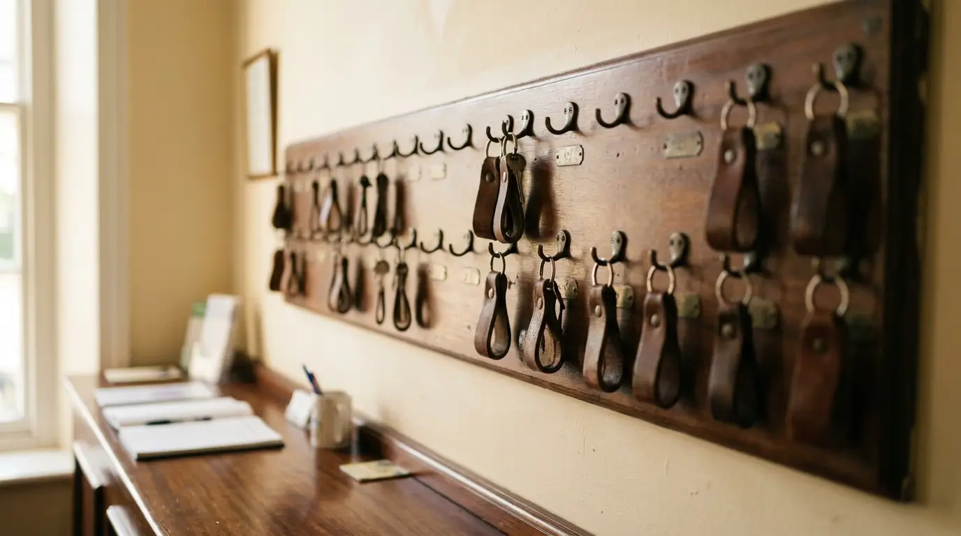 A wooden key rack behind a small hotel reception desk, about half its hooks holding room keys on leather fobs and the rest empty.
