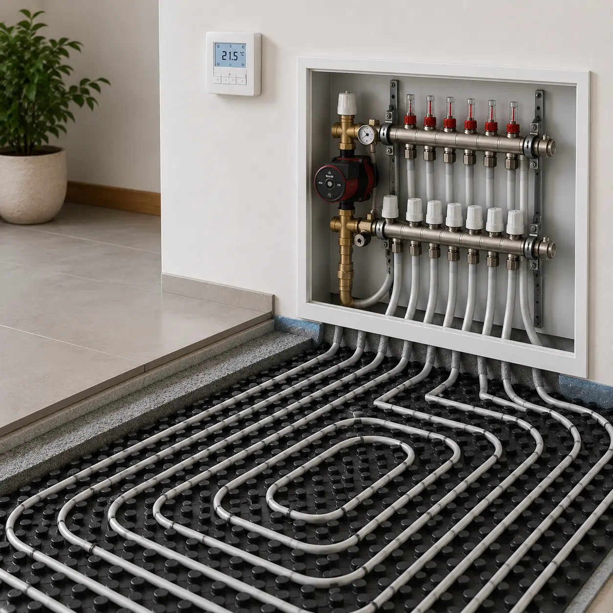 Installation de plancher chauffant hydraulique à Évian-les-Bains par Sanitherm