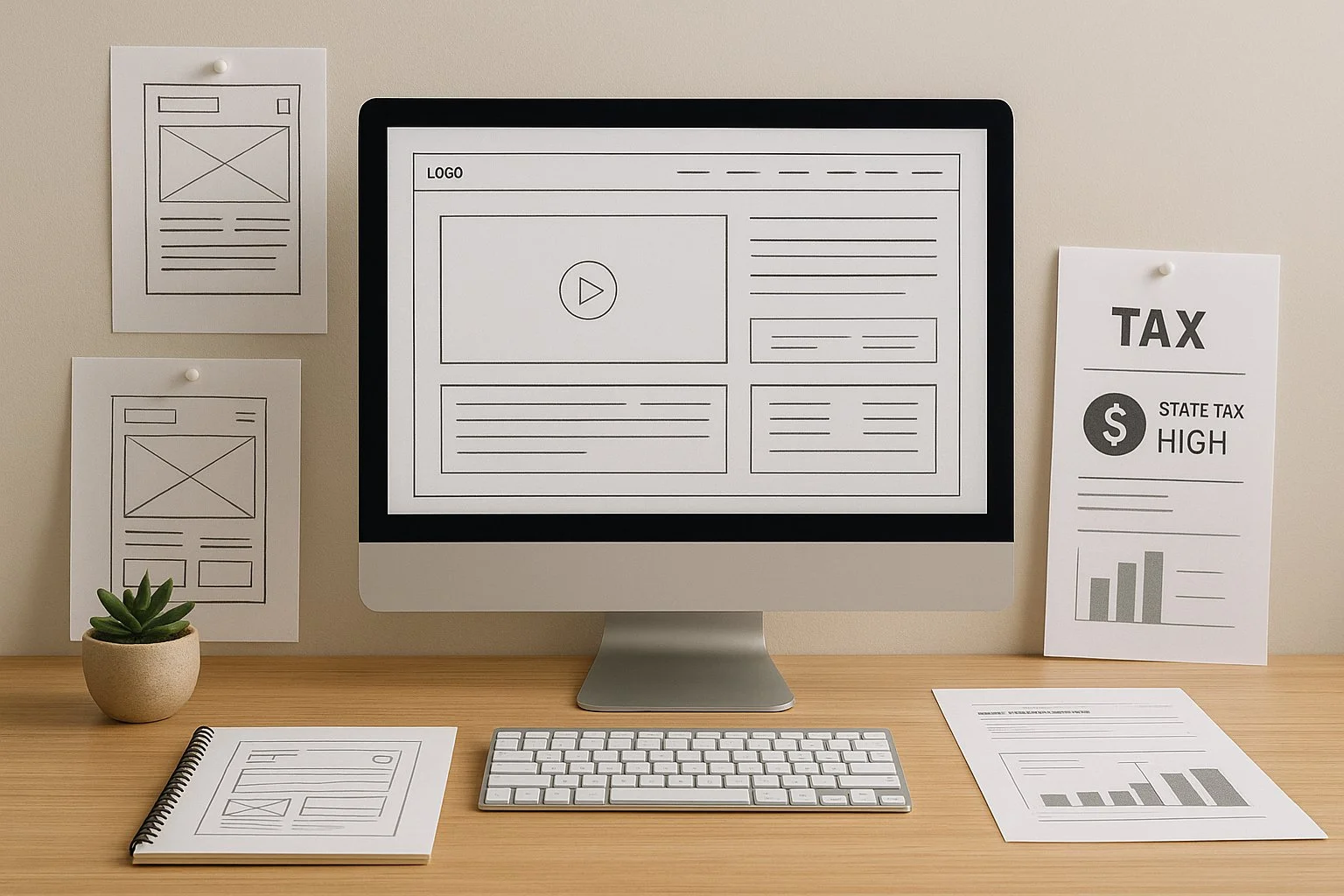 Small design studio desk with a monitor, sketches, invoices, and a tax document showing high state tax beside a chart comparing deduction limits to actual payments.