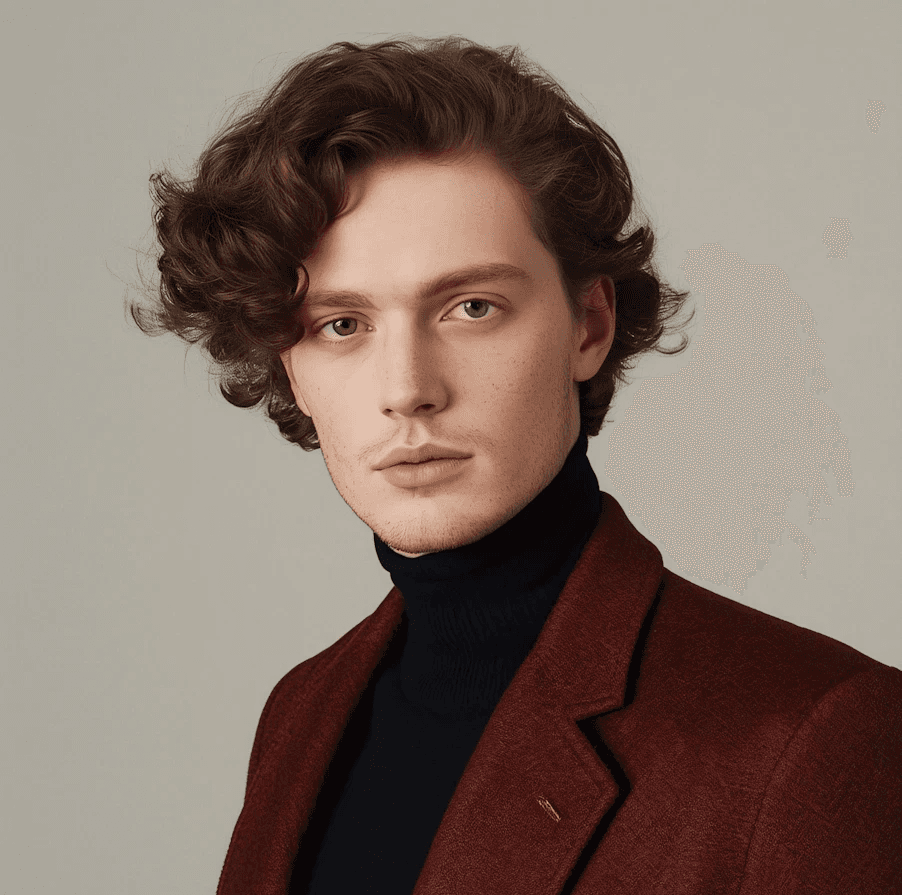 Young person with curly hair wearing a rust-colored blazer and black turtleneck, looking confidently at the camera against a neutral background.