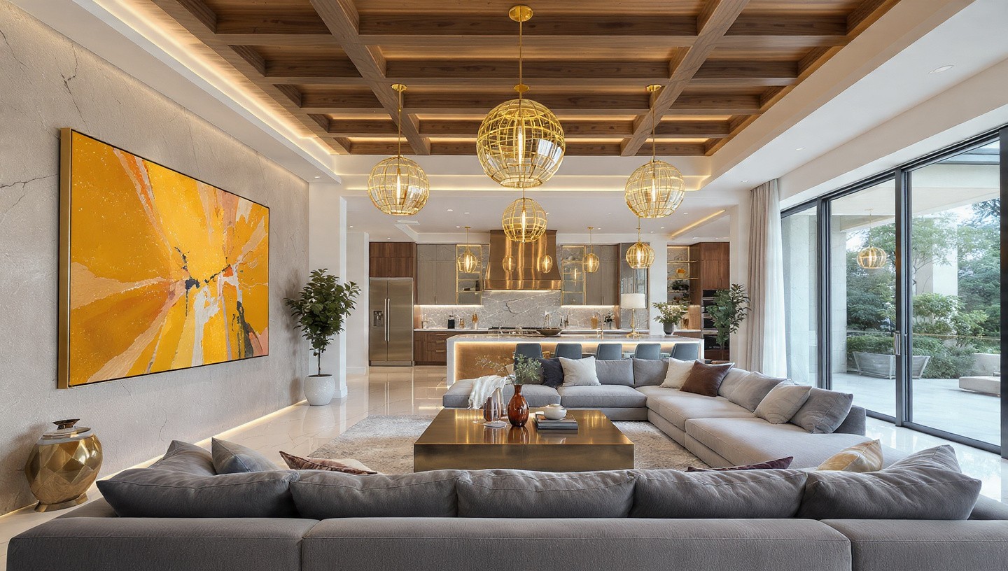 Luxurious living room with a large gray sectional sofa, vibrant yellow abstract painting, wooden coffered ceiling, and gold spherical chandeliers.