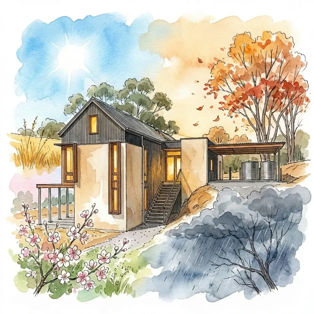 Hempcrete block house showing how the performance of the building will work very well, no matter the change in seasons. 