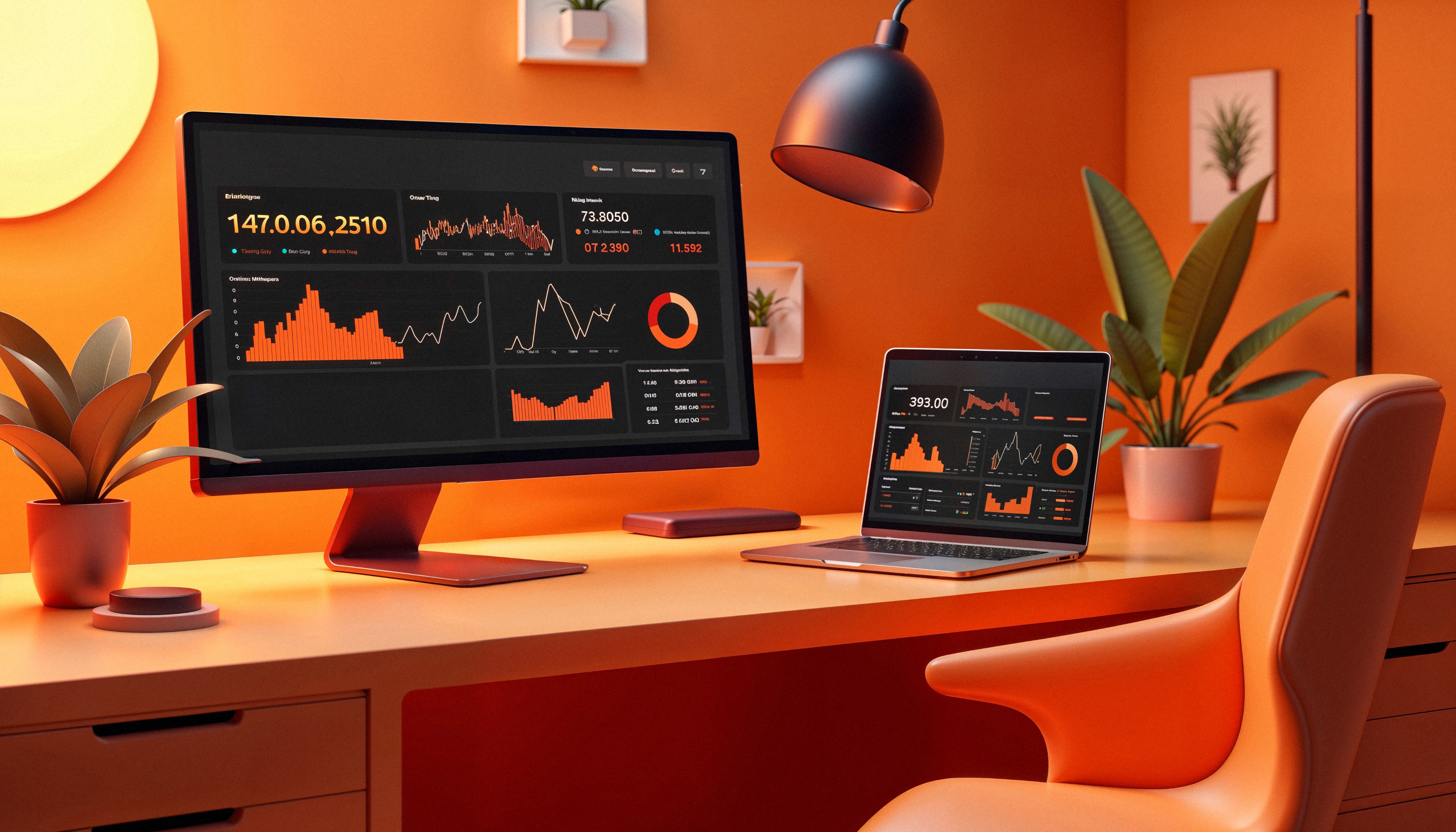 Modern glass-walled office with city skyline at sunset.