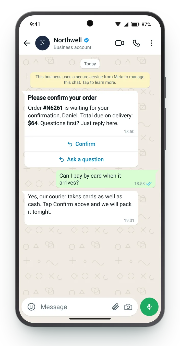 A question answered before confirming: WhatsApp COD confirmation on an Android phone