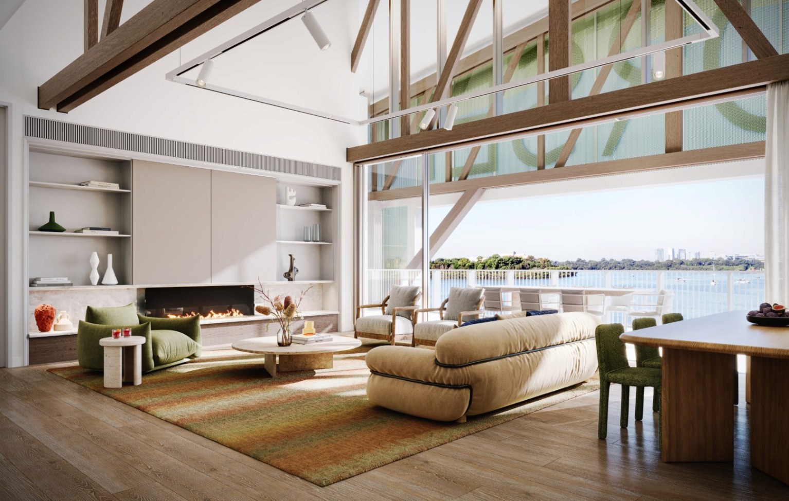 Double-height living space with exposed timber beams and full-height harbour views