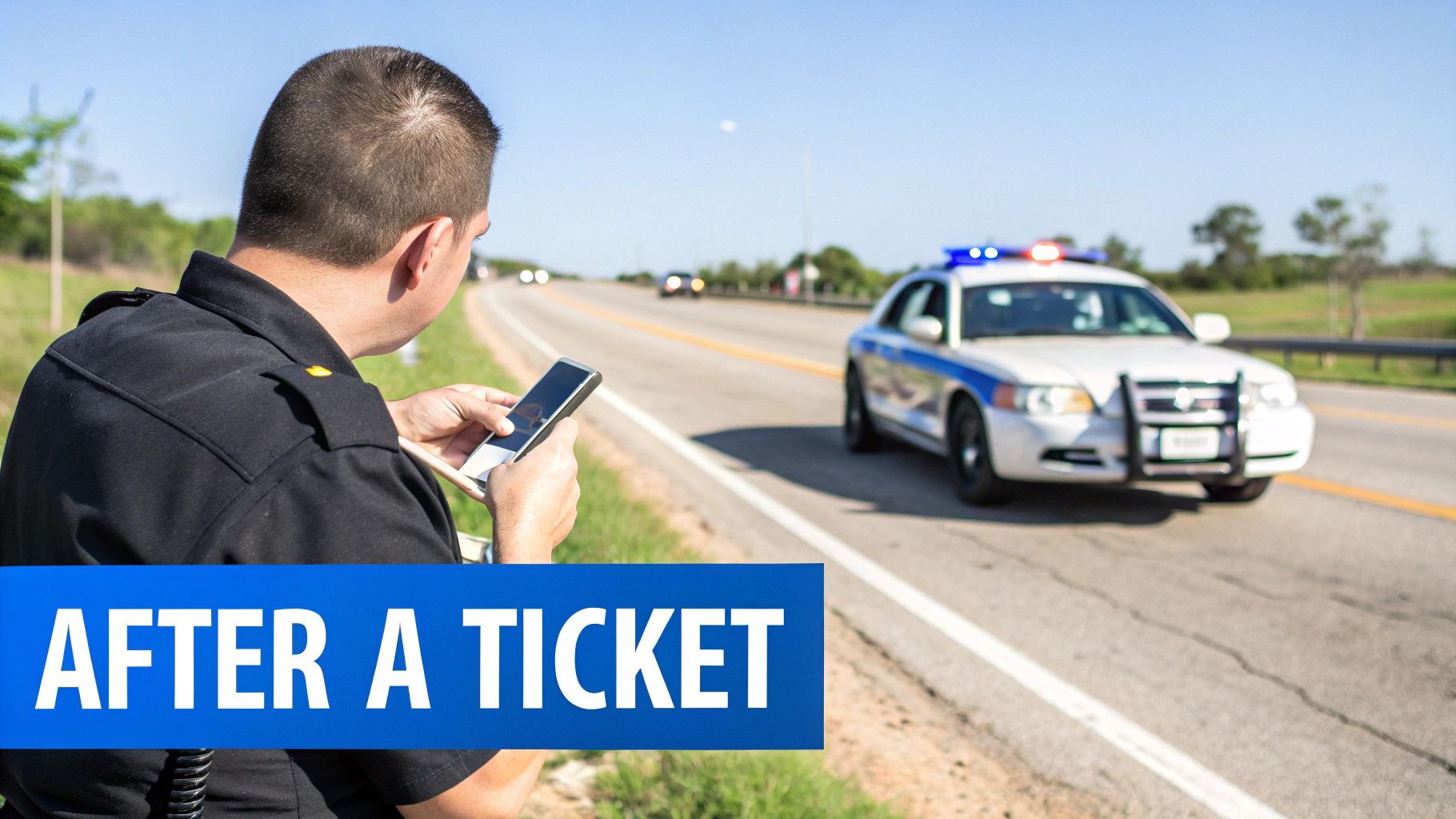 A police officer uses a smartphone on the roadside, a patrol car nearby, with a banner stating 'AFTER A TICKET'.
