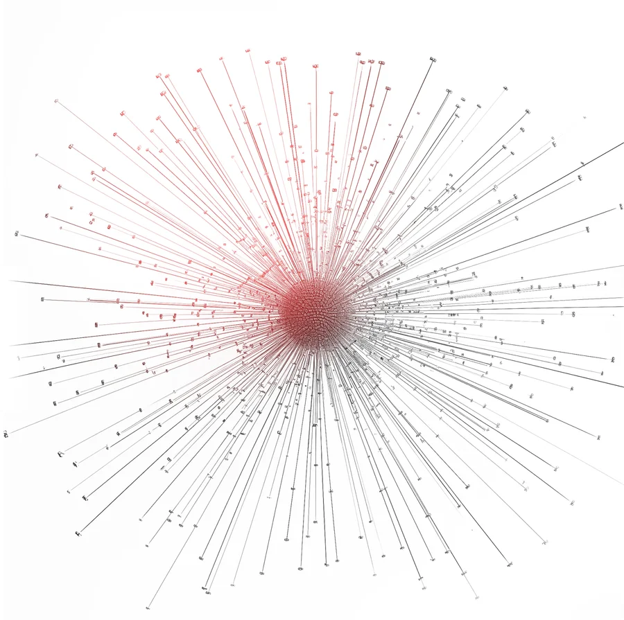 Abstract visualization of data points and connections radiating from a central point, representing data and AI concepts.