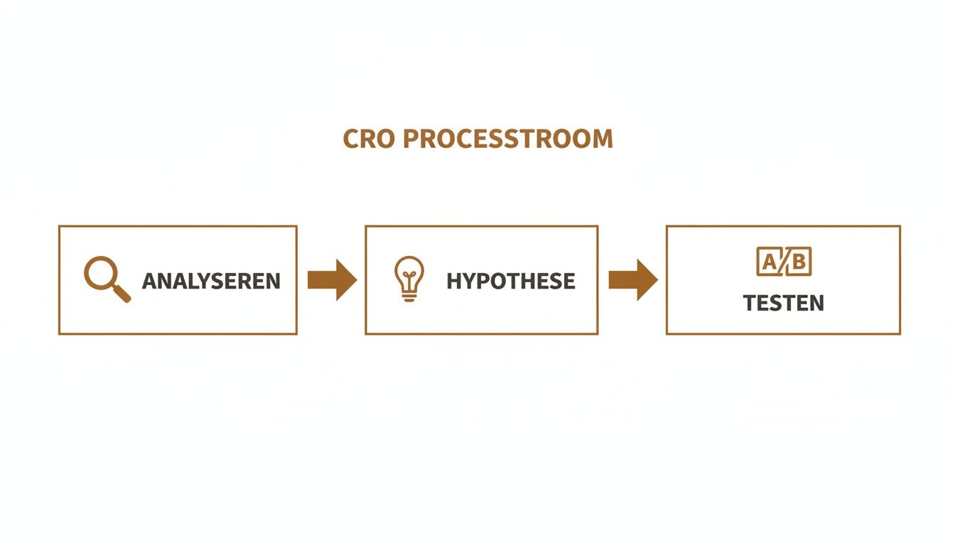 Een overzichtelijk stroomdiagram dat het CRO proces visualiseert: analyseren, hypothese en testen.