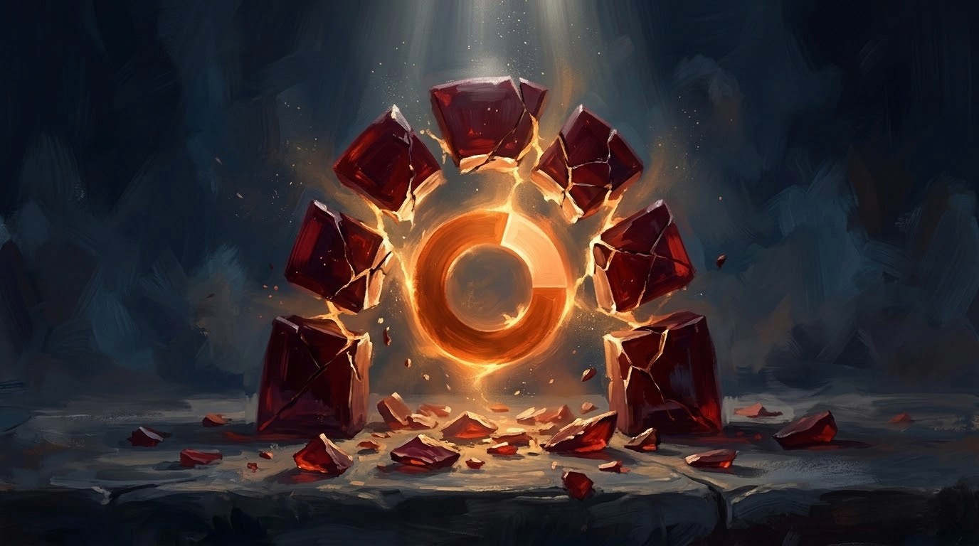 Oil painting of a dark red Redmine crystal cracking open with a warm orange Leadtime logo emerging from within