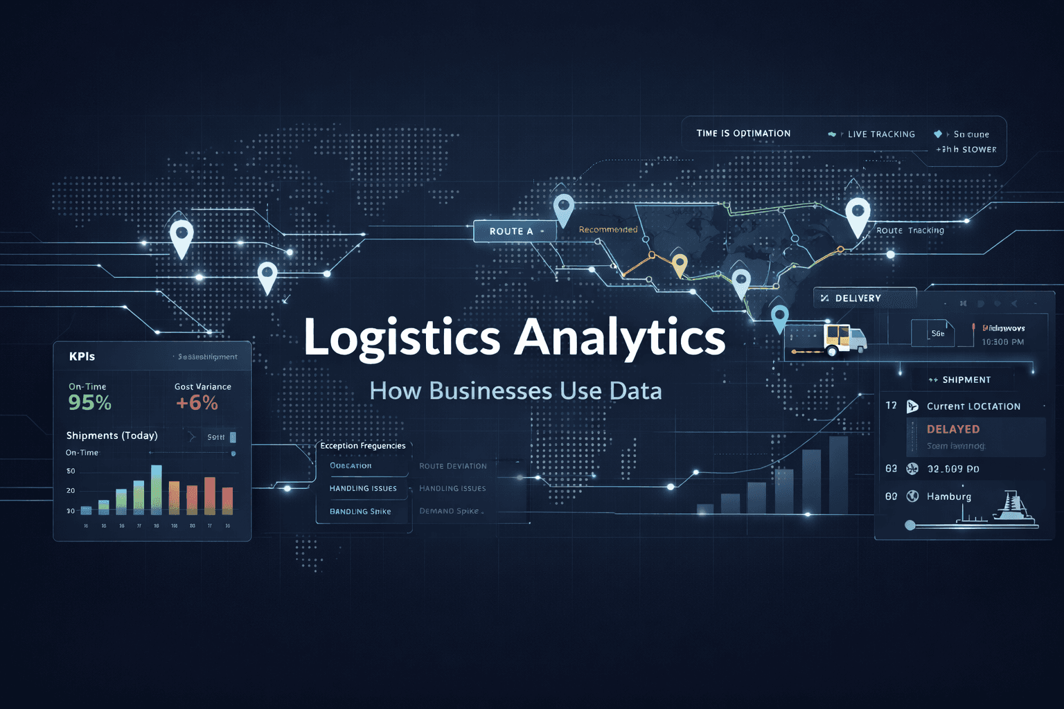 Logistics analytics dashboard illustration showing KPIs, route optimization paths, and real-time shipment tracking across global supply chains.