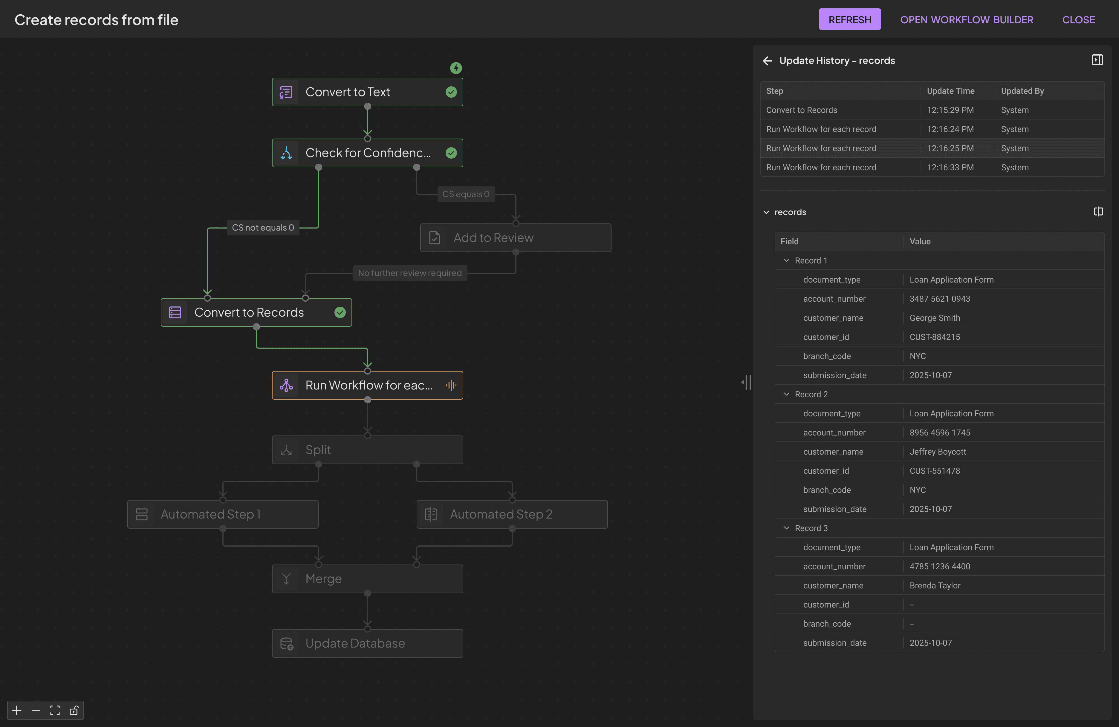 Workflow UI showing update history with logs and current record values