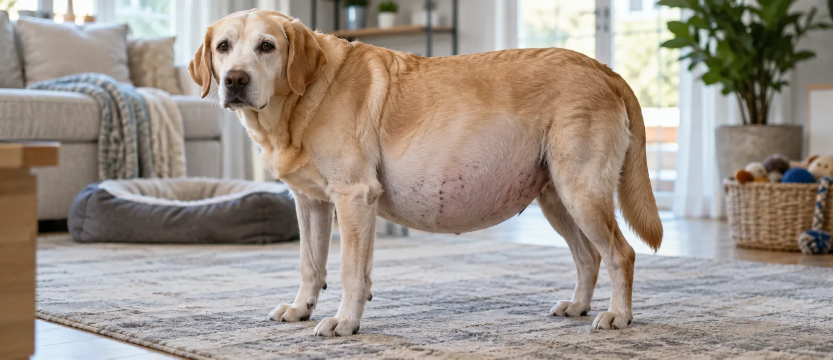 A dog stands with a visibly swollen, distended abdomen.