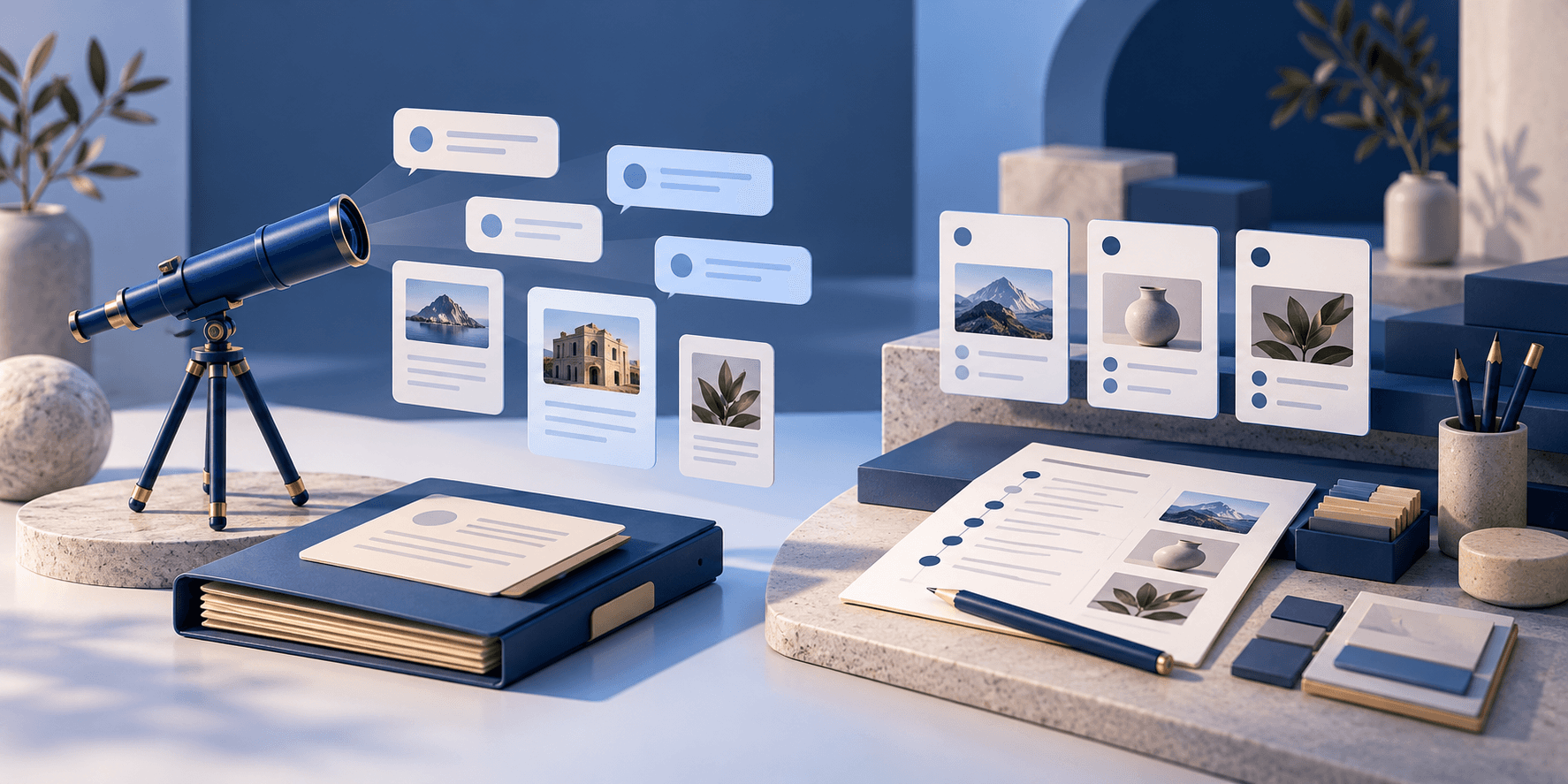 A telescope monitoring AI answers beside a reporting folder and a practical content editing workspace.