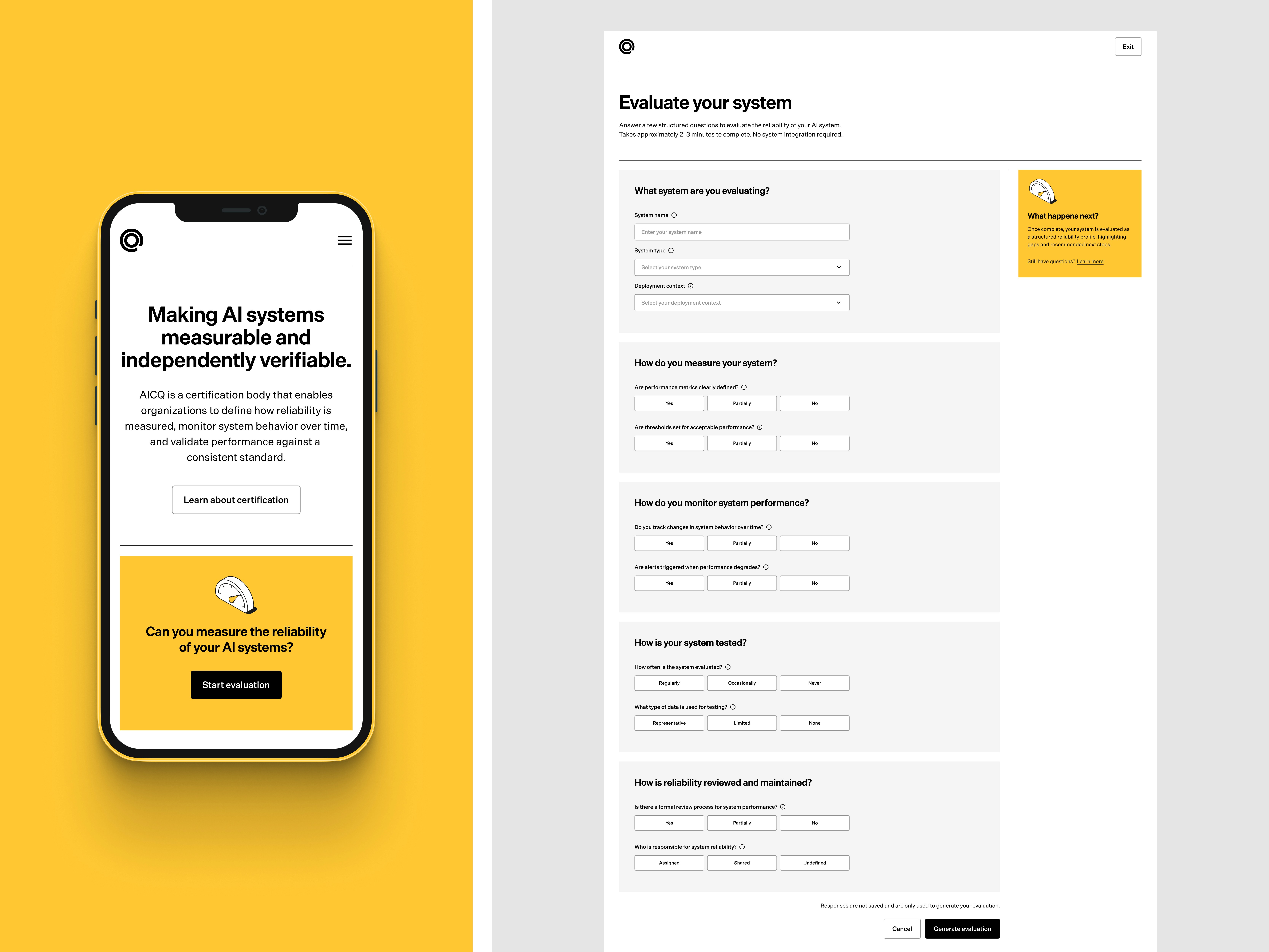 AIQCI evaluation workflow guiding users through structured questions used to assess AI system reliability.