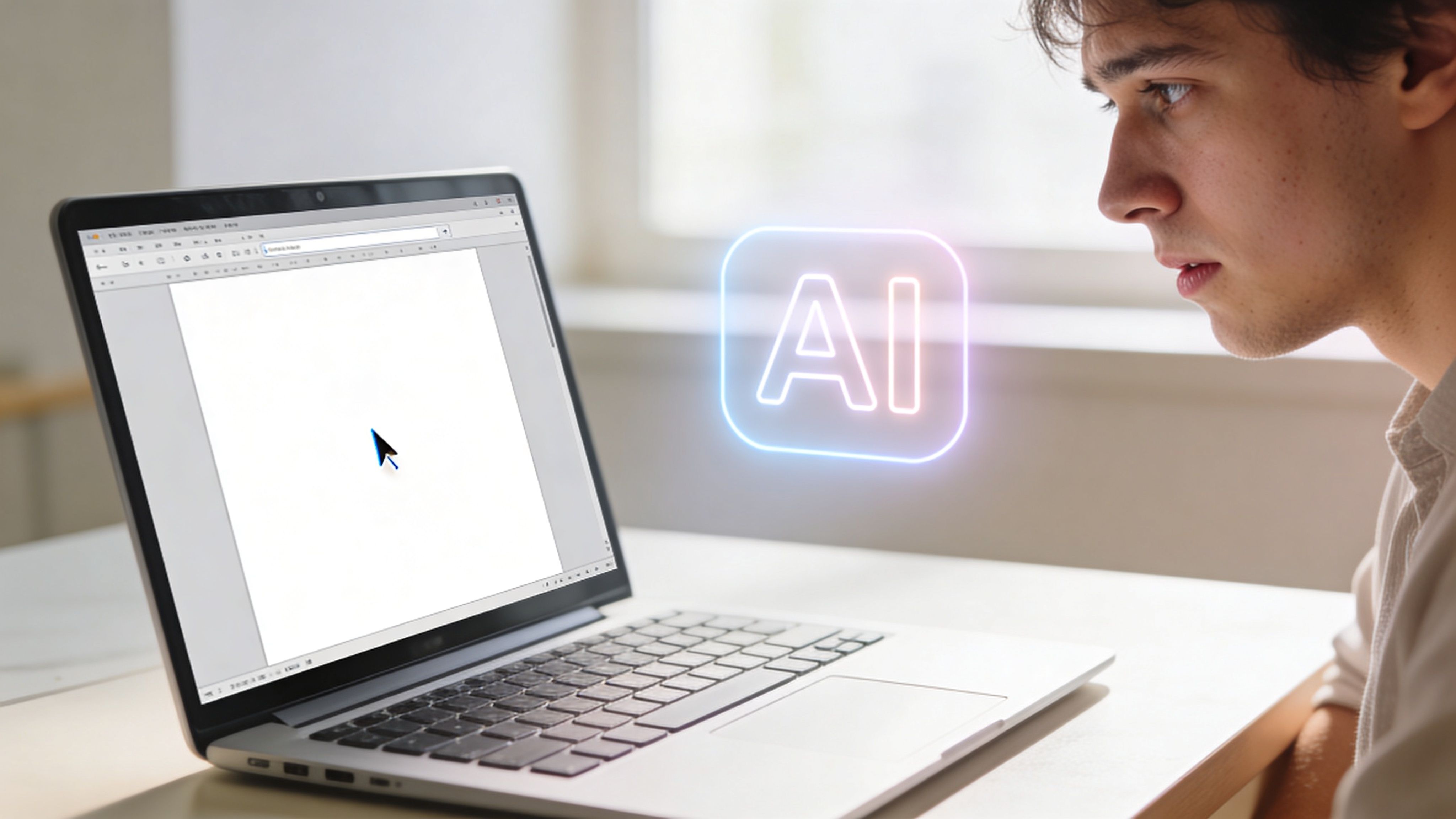 Ein junger Mann sitzt konzentriert vor seinem Laptop, um mit künstlicher Intelligenz eine Bewerbung zu schreiben.