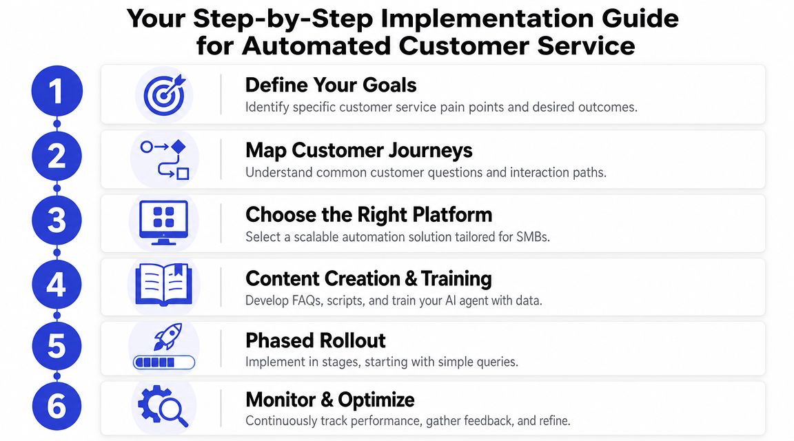 A six-step implementation guide for setting up an automated customer service system for small businesses.