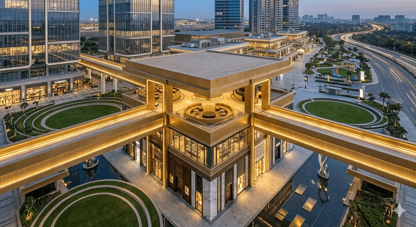 Luxury architectural junction with golden lighting and pedestrian bridges at a premium commercial site in Sector 113 Gurugram.