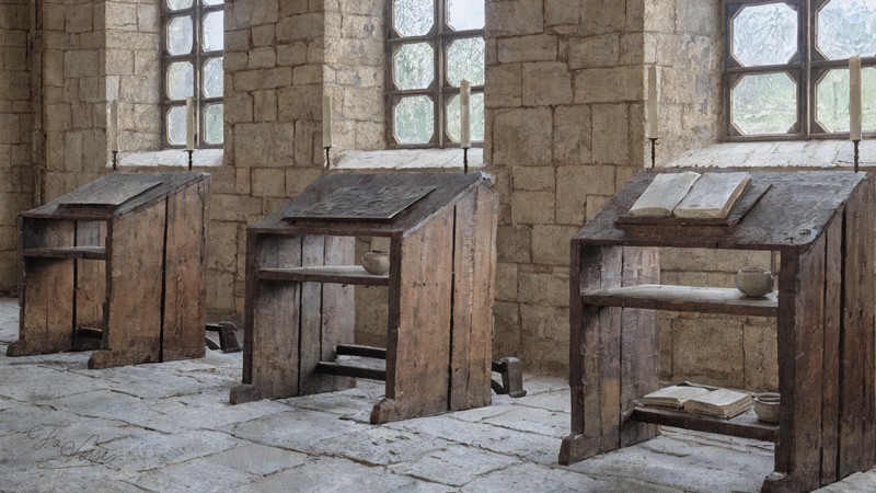 Sacred artwork by Faith and Verse. © Faith and Verse, 2026. All rights reserved. Scriptorium at Fulda Abbey with writing desks and manuscripts, ninth century.