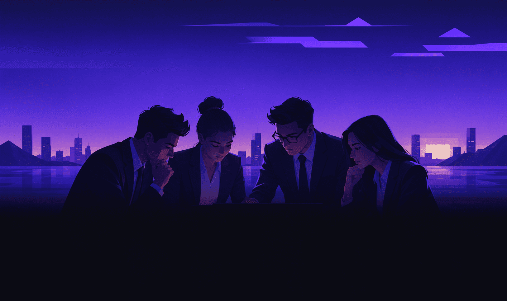 4 students looking at a glowing tablet, illustrative