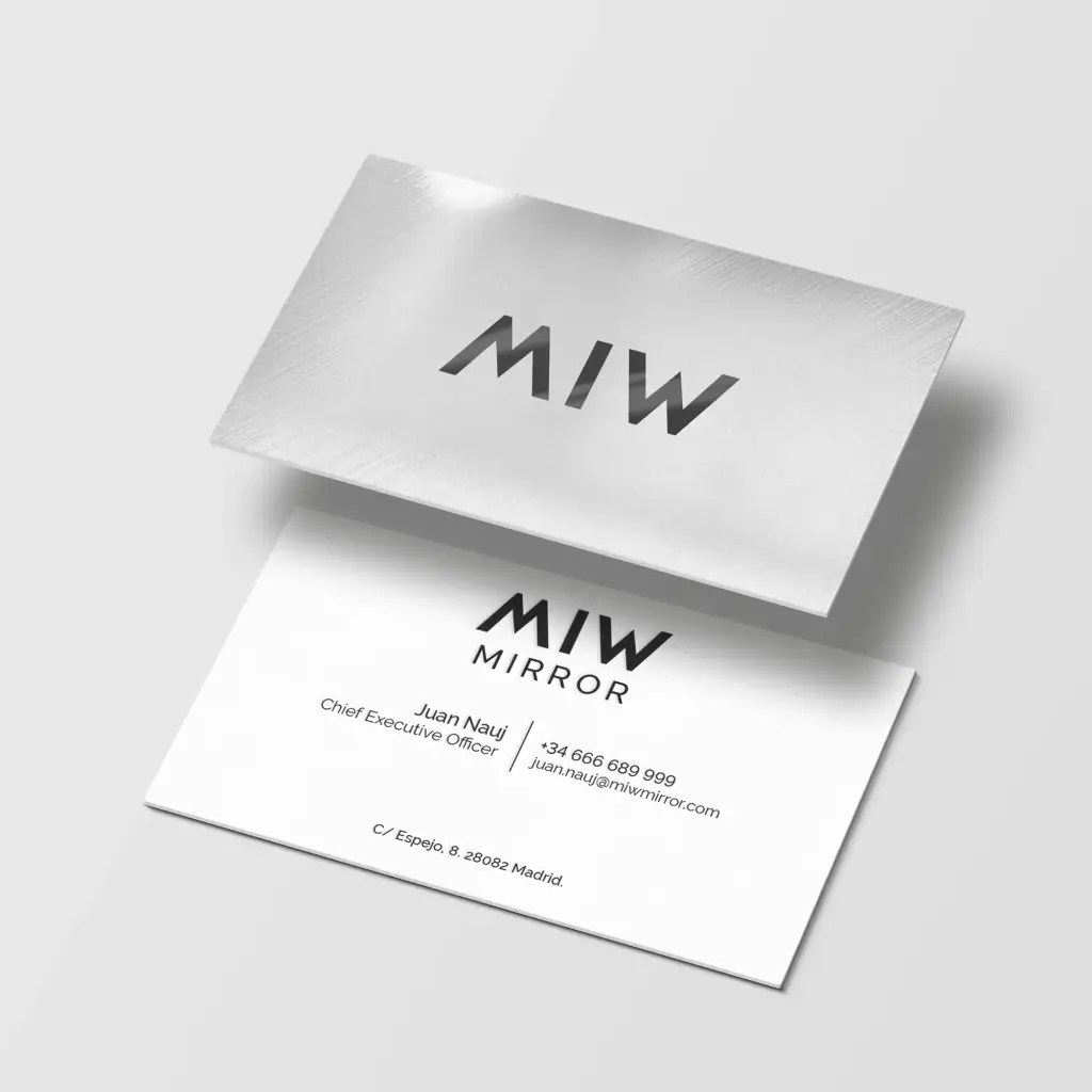 Tarjeta de presentación MIW Mirror elegante y moderna, detalle de información de contacto.