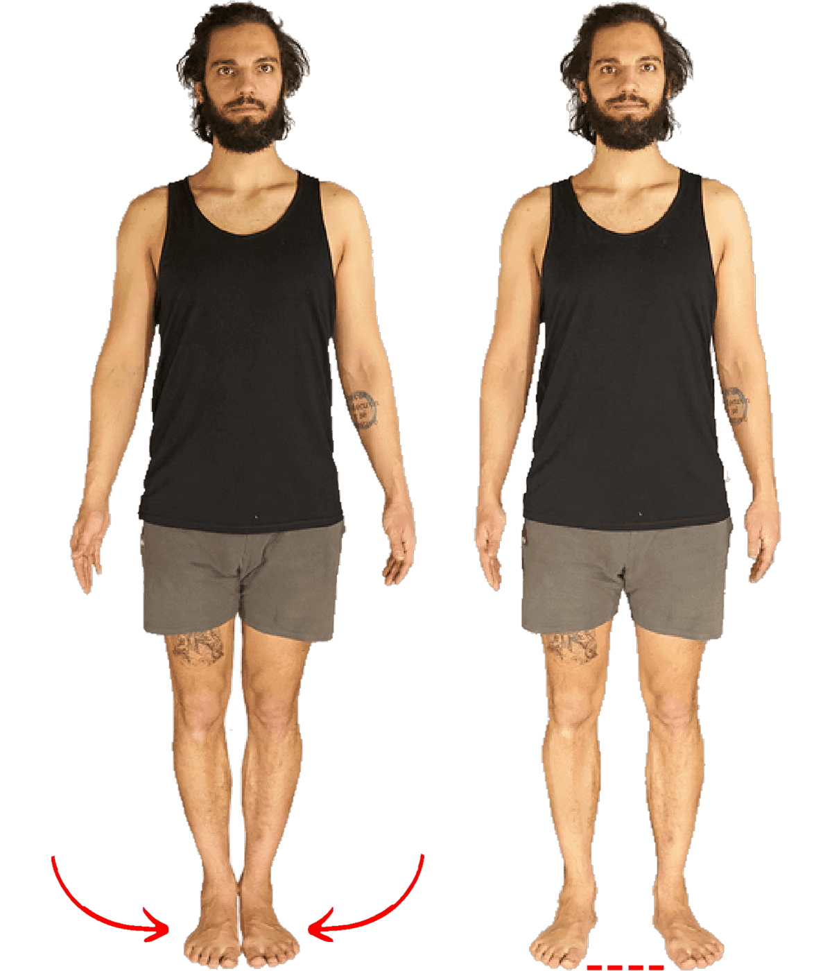 Two standing figures in Tadasana side by side. On the left, red arrows show both feet being rotated inwards into "parallel". On the right, a red dotted line sits under a foot left in its naturally turned-out position.