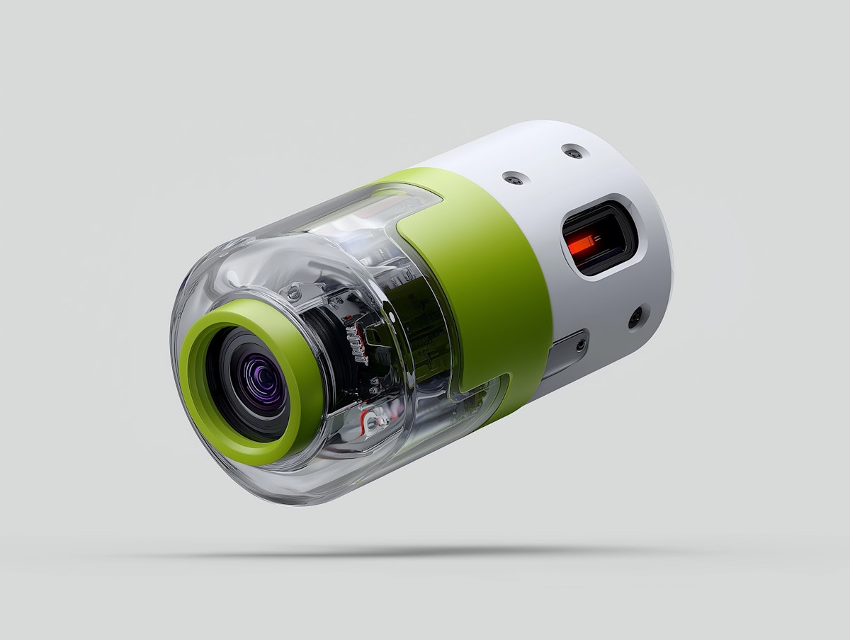 a compact camera with a transparent and green casing