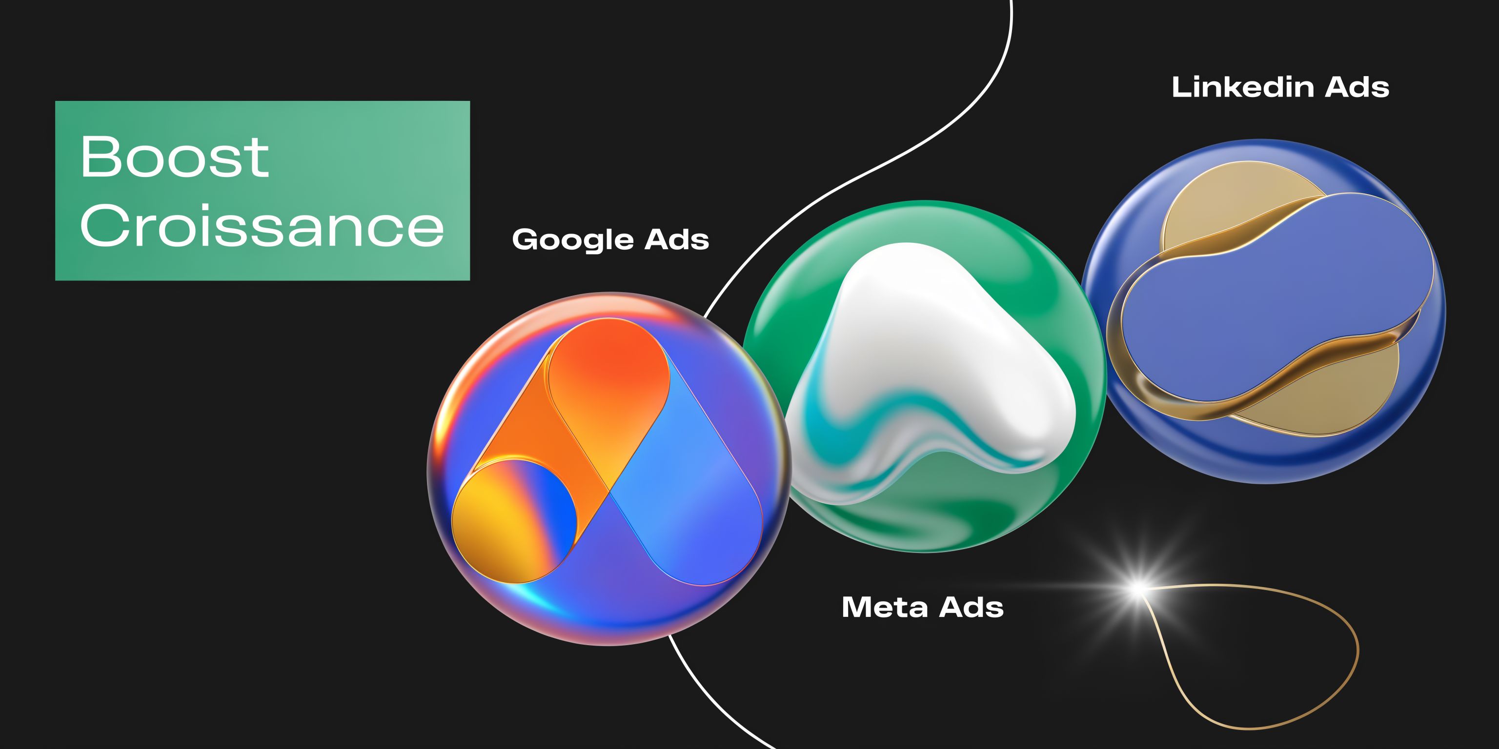 Illustration 3D représentant les services de publicité en ligne Google Ads, Meta Ads et LinkedIn Ads.