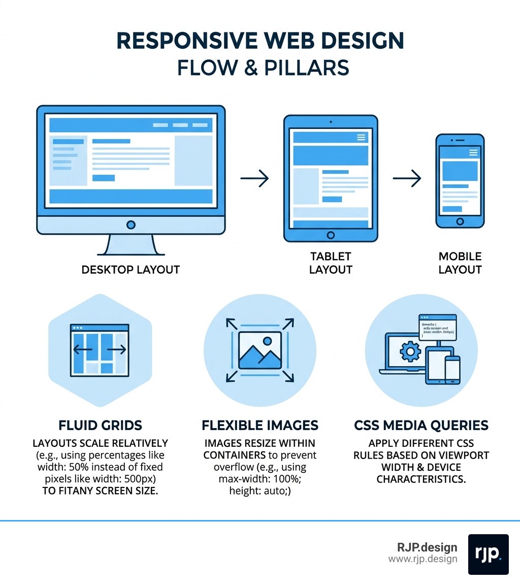 Infographic showing responsive web design flow from desktop to tablet to mobile with key pillars: fluid grids, flexible