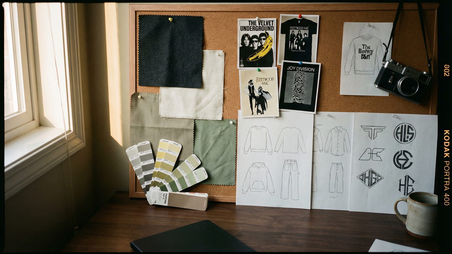 A design studio mood board on a dark walnut desk: fabric swatches in charcoal, bone, and sage green, Pantone color chips fanned out, printed reference photos of vintage band tees pinned to a corkboard, hand-drawn pencil sketches of garment silhouettes and graphic concepts.