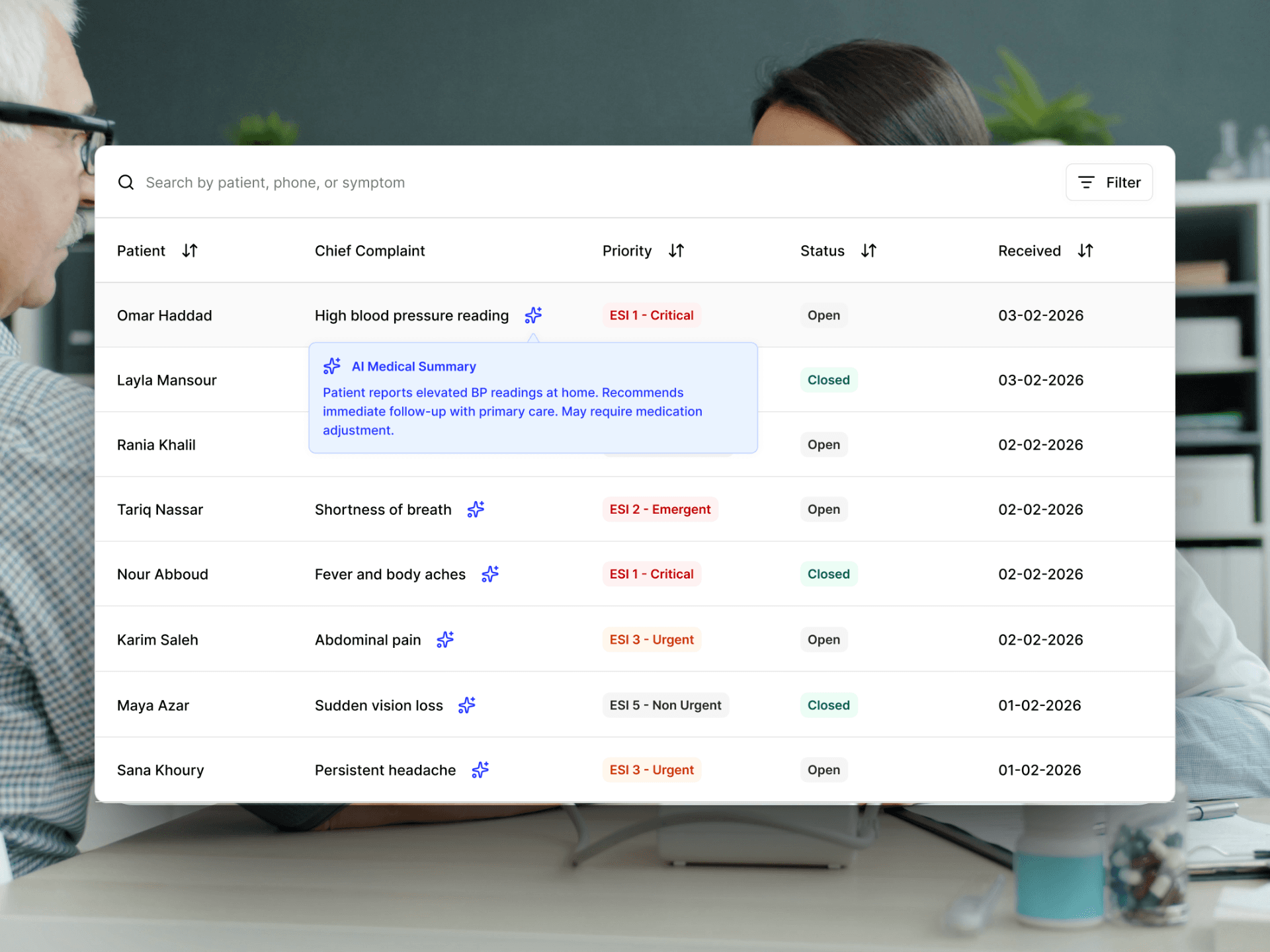 Screenshot of the AI Health Clinic hospital triage dashboard showing a patient list with complaints, priority levels, and statuses, displayed in a clinical setting.