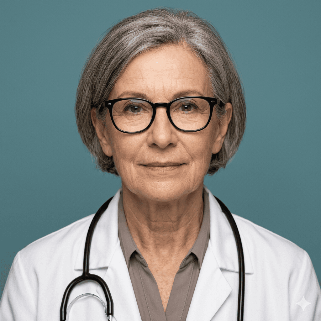 Elderly woman with short gray hair and glasses wearing a white coat and stethoscope, against a blue background, looks confidently at the camera.