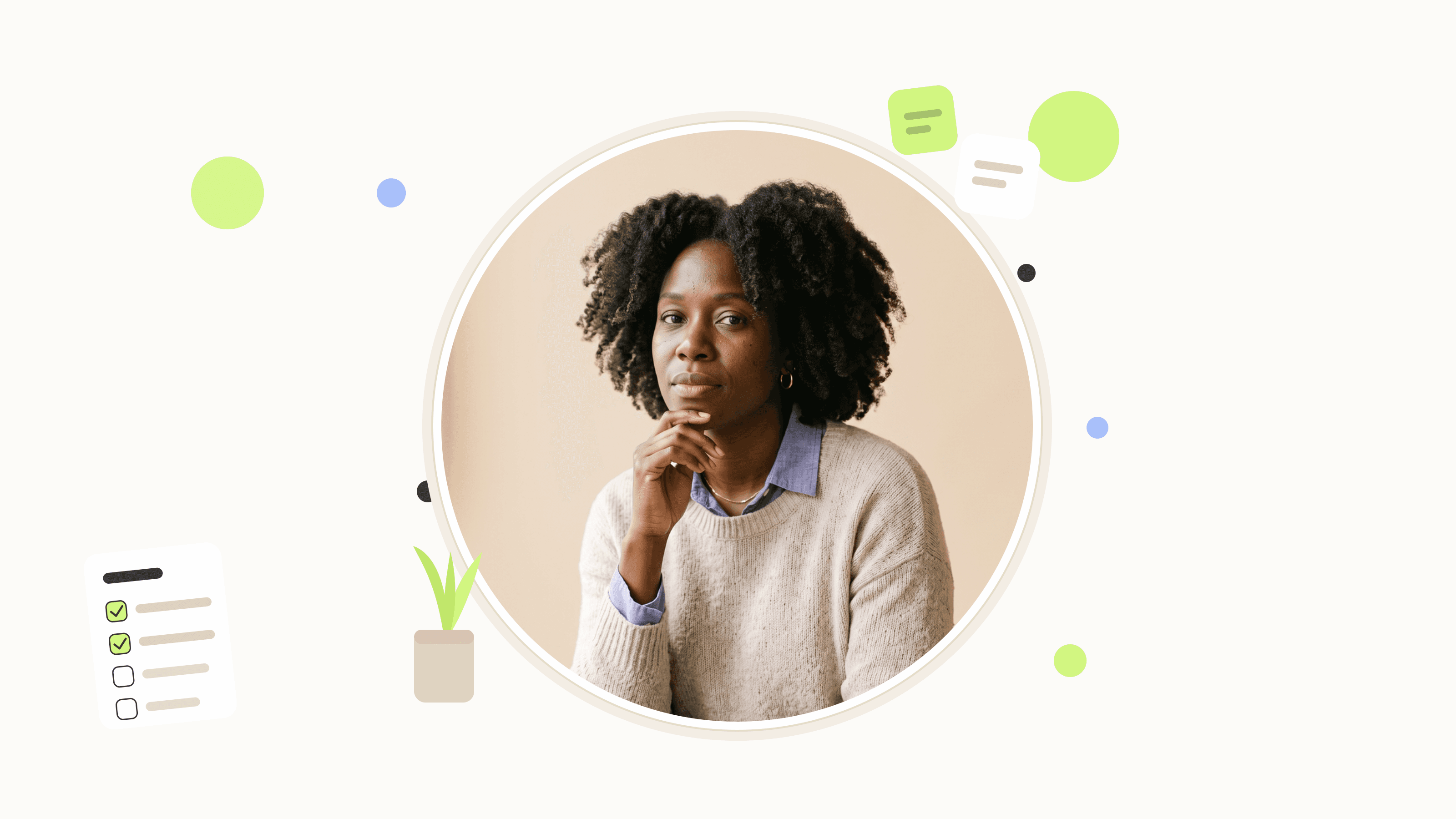 A woman sits thoughtfully with her hand on her chin, framed in a circle alongside a vector checklist and question-mark cards, representing a due-diligence checklist for choosing an EAP provider.
