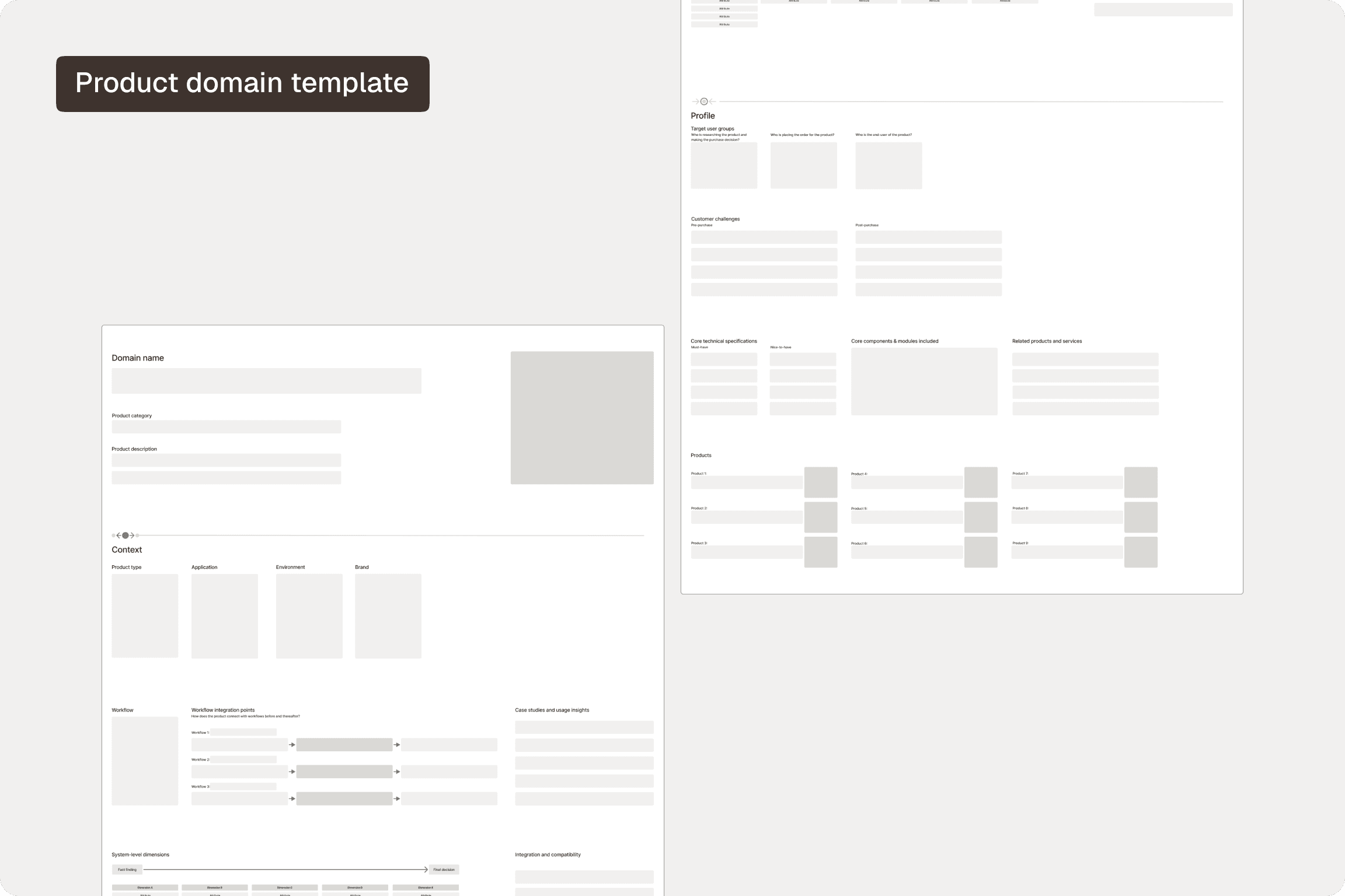 Wireframe of a product domain template with sections for context and product profile