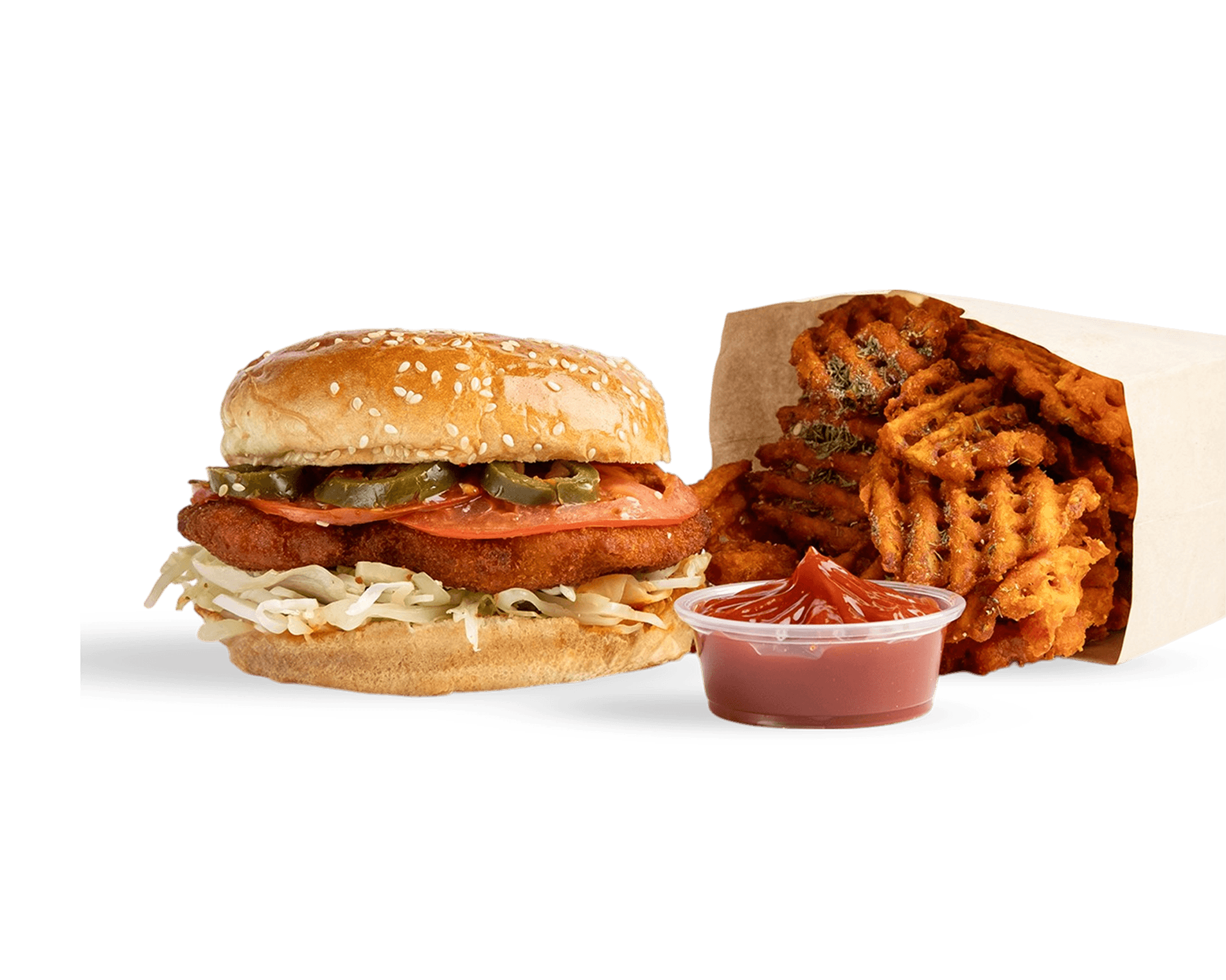 Crispy chicken patty, sliced tomatoes,  white cabbage, onions, jalapeños, & Moroccan hot sauce served with sweet potato fries. 