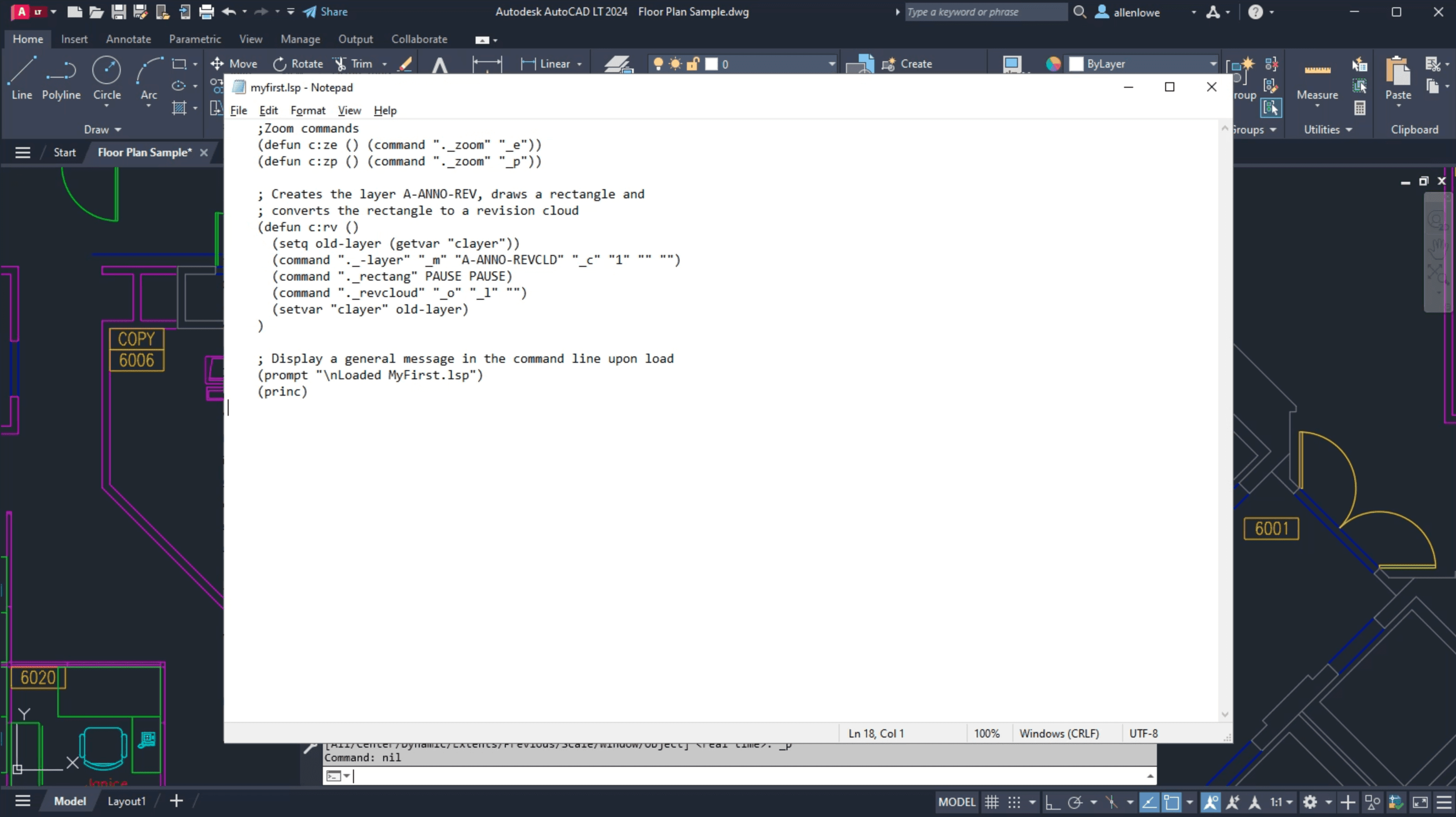 AutoLISP code displayed in a text editor over an AutoCAD floor plan, showing commands for zooming and creating a revision cloud.