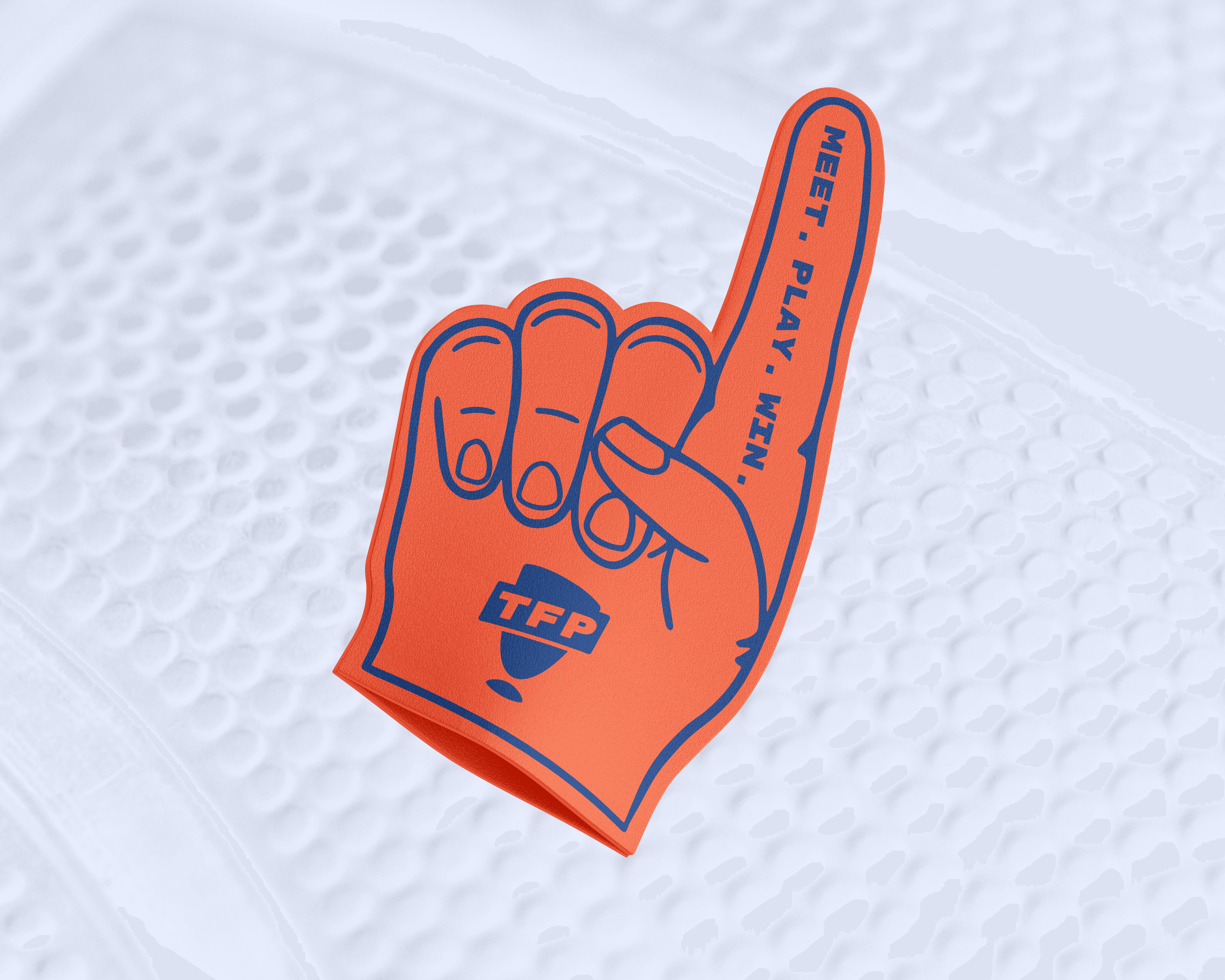 A foam finger featuring the TFP logo and slogan