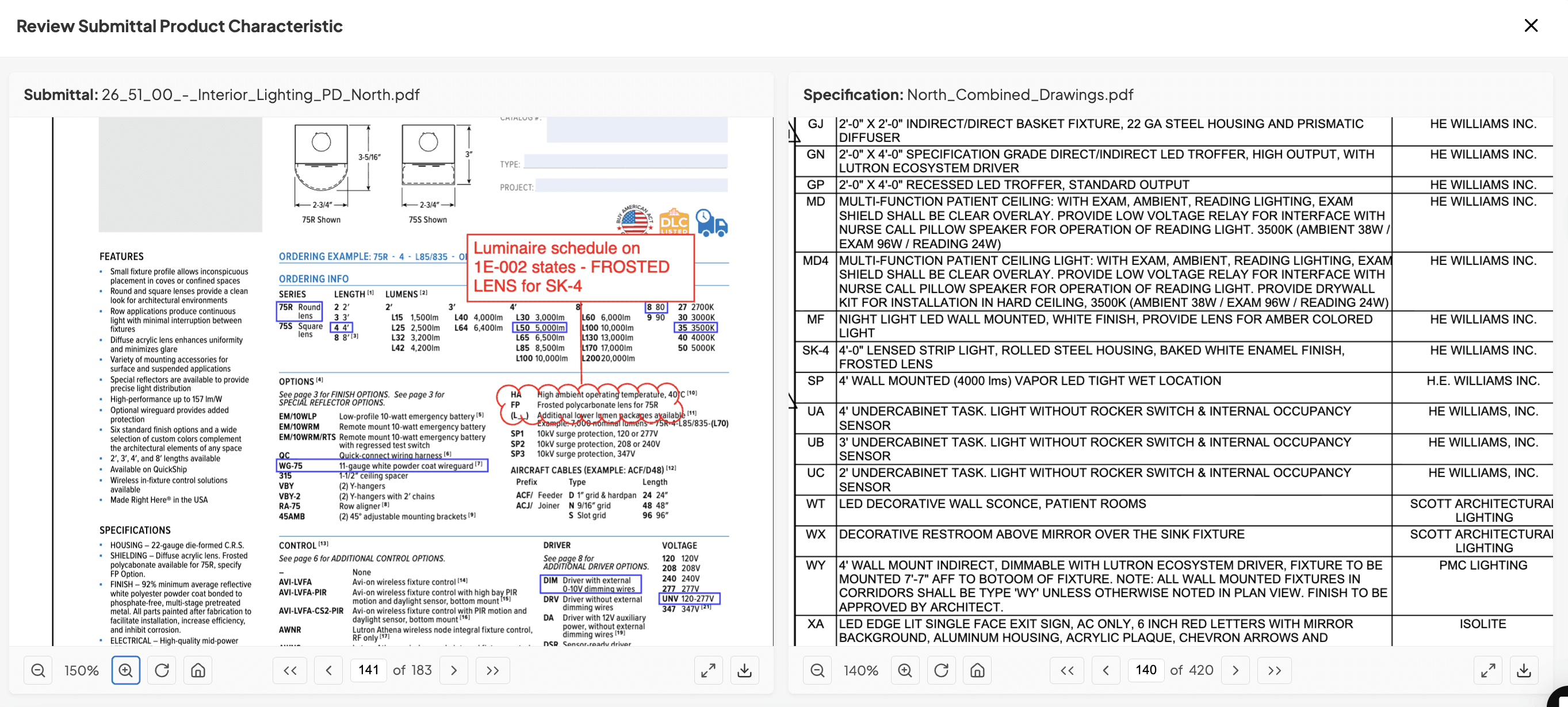 breakdown of the product into the technical characteristics and compares them for compliance against the requirements of the plans and specs 