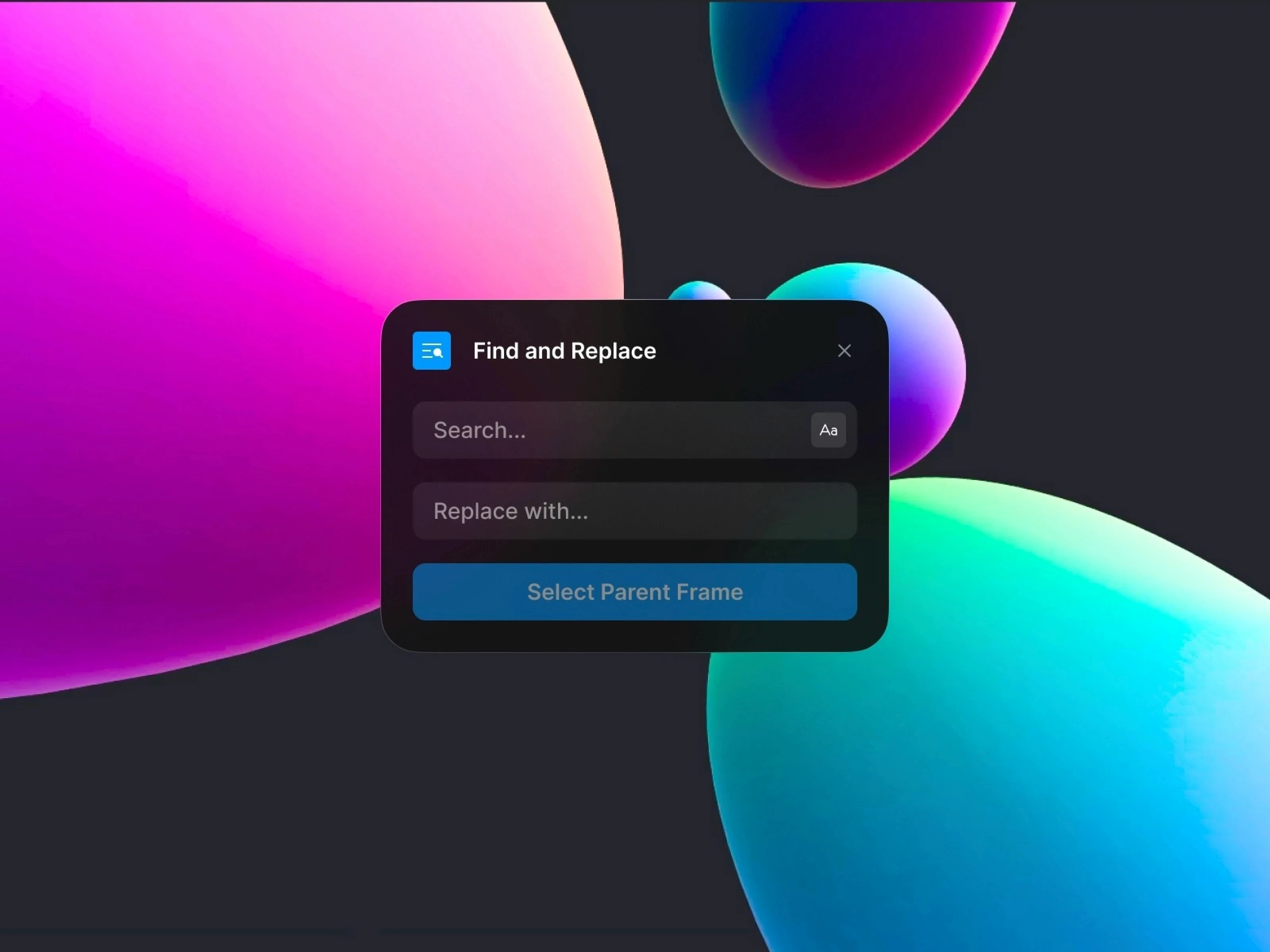 This window features a 'Find and Replace' search bar prominently displayed in the center, accompanied by colorful spherical graphics on a black background.