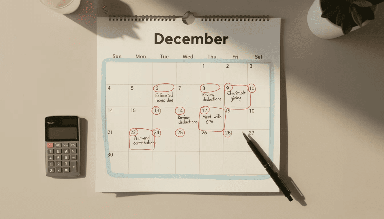 The image features a calendar page for December, prominently highlighting the month along with handwritten notes related to tax planning, including reminders about tax deductions and strategies to minimize tax liability. The notes suggest considerations for retirement accounts and tax-efficient investment strategies.