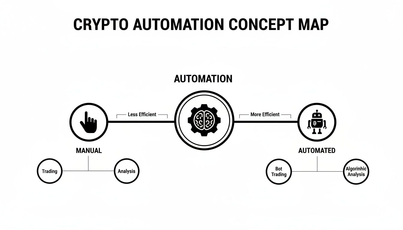 A crypto automation concept map illustrating the efficiency difference between manual and automated processes.