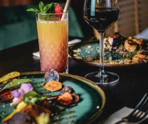 Cozy brunch setting with plated food