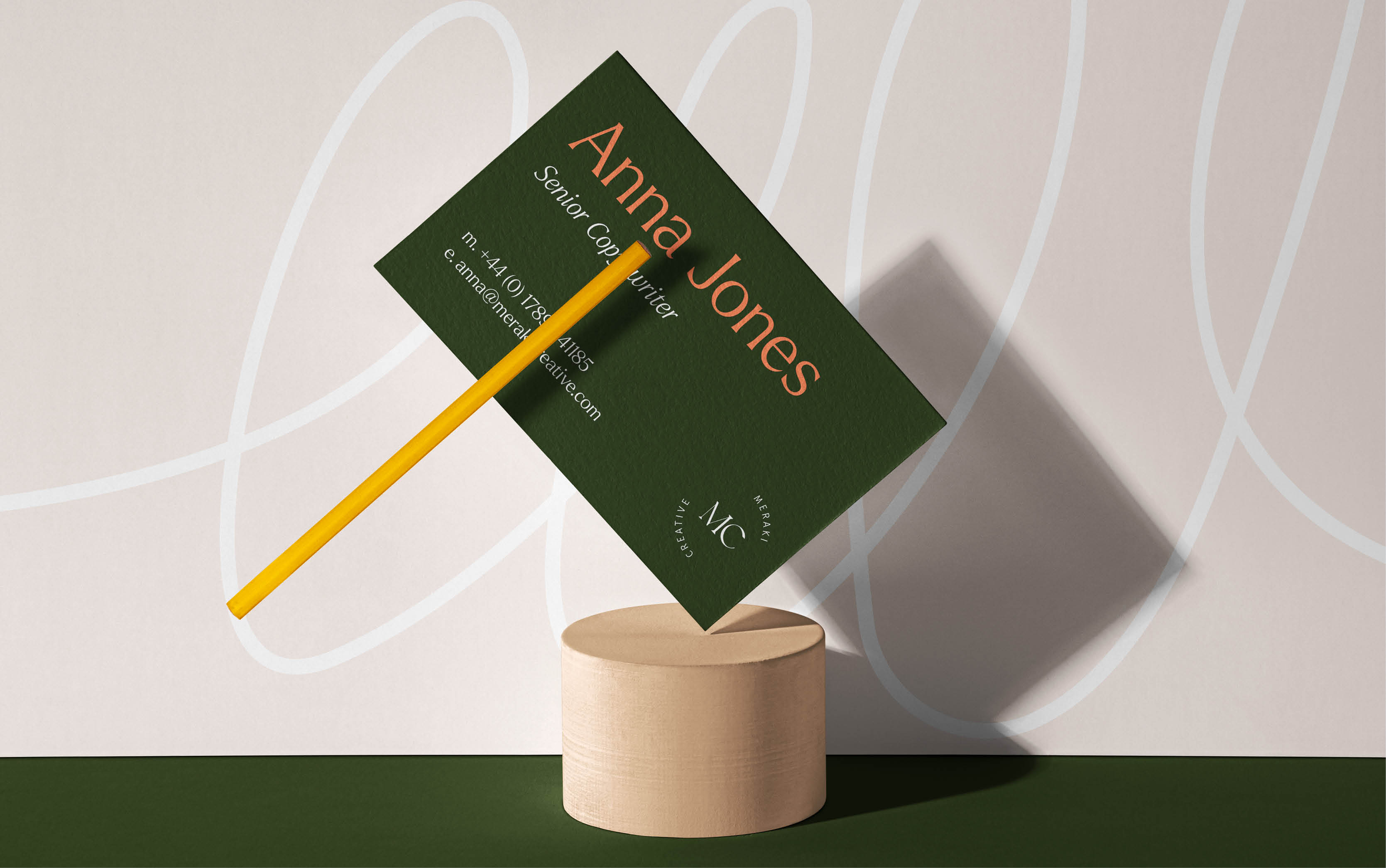 Brand identity applications for a creative copywriting agency showcasing stationery design, typography, visual storytelling and bold brand expression